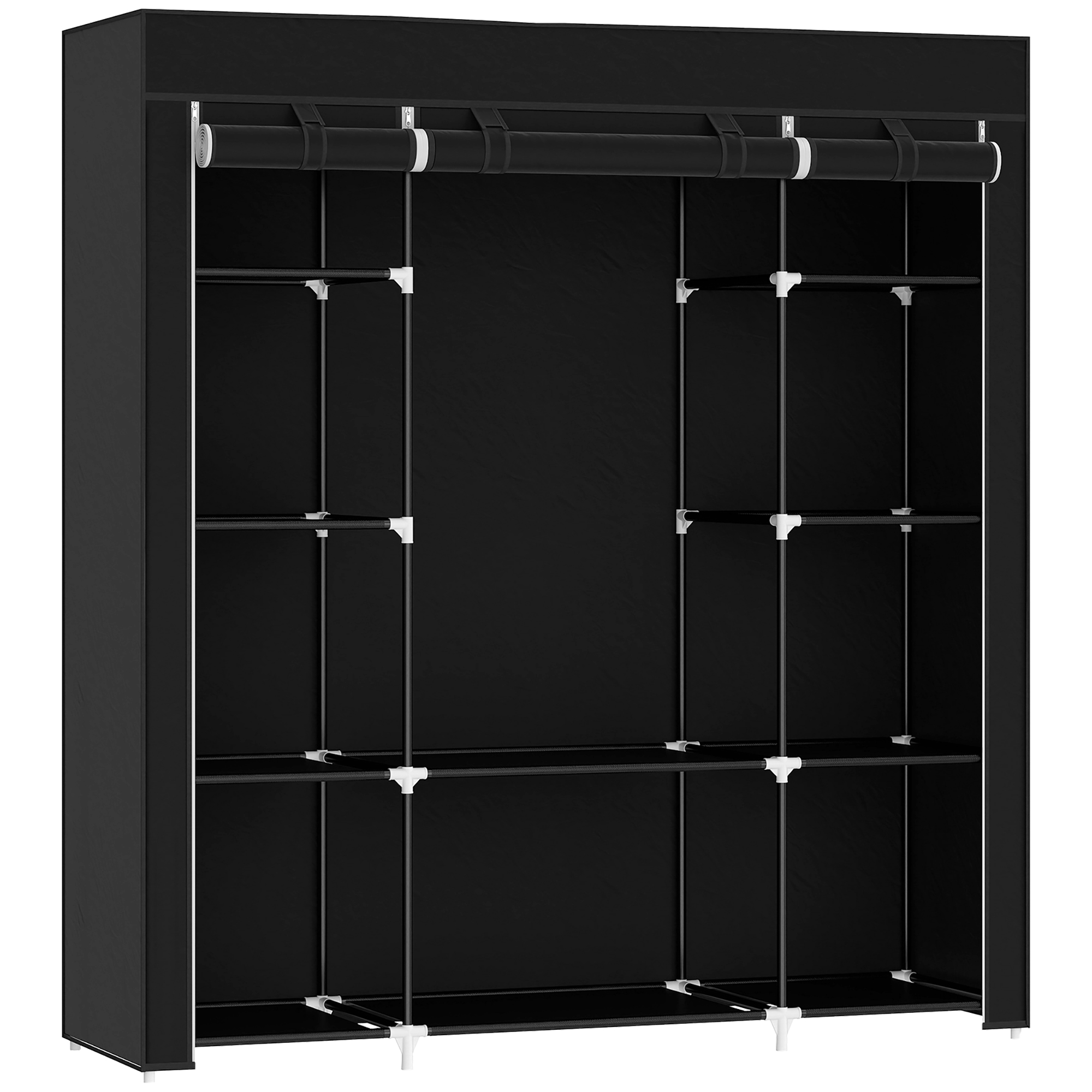 Fabric Wardrobe Portable Wardrobe with 10 Shelves 1 Hanging Rail Foldable Closets - Black