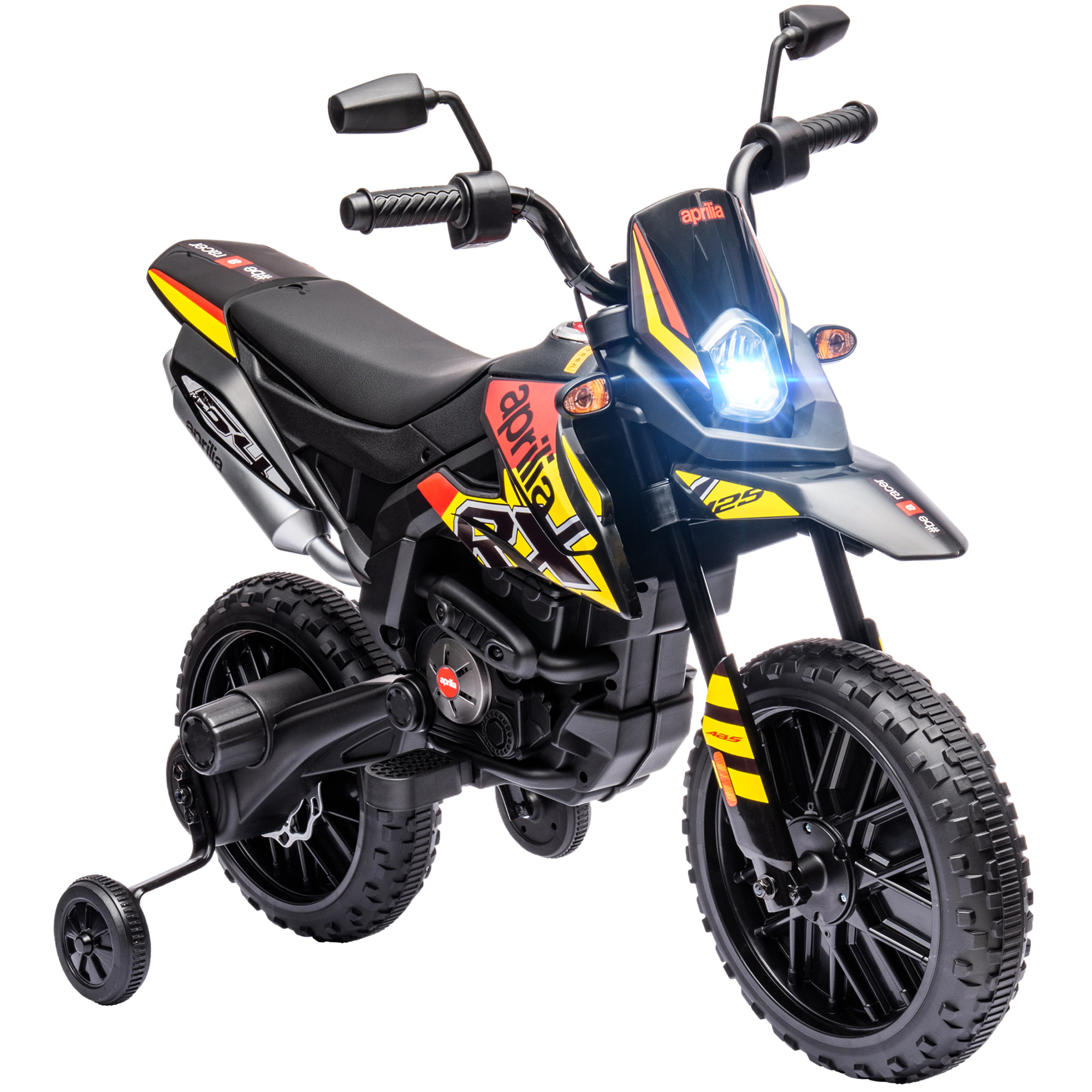 AIVAGO 12V Aprilia Licenced Kids Motorbike with Training Wheels, Spring Suspension, LED Light, USB, Music, Yellow