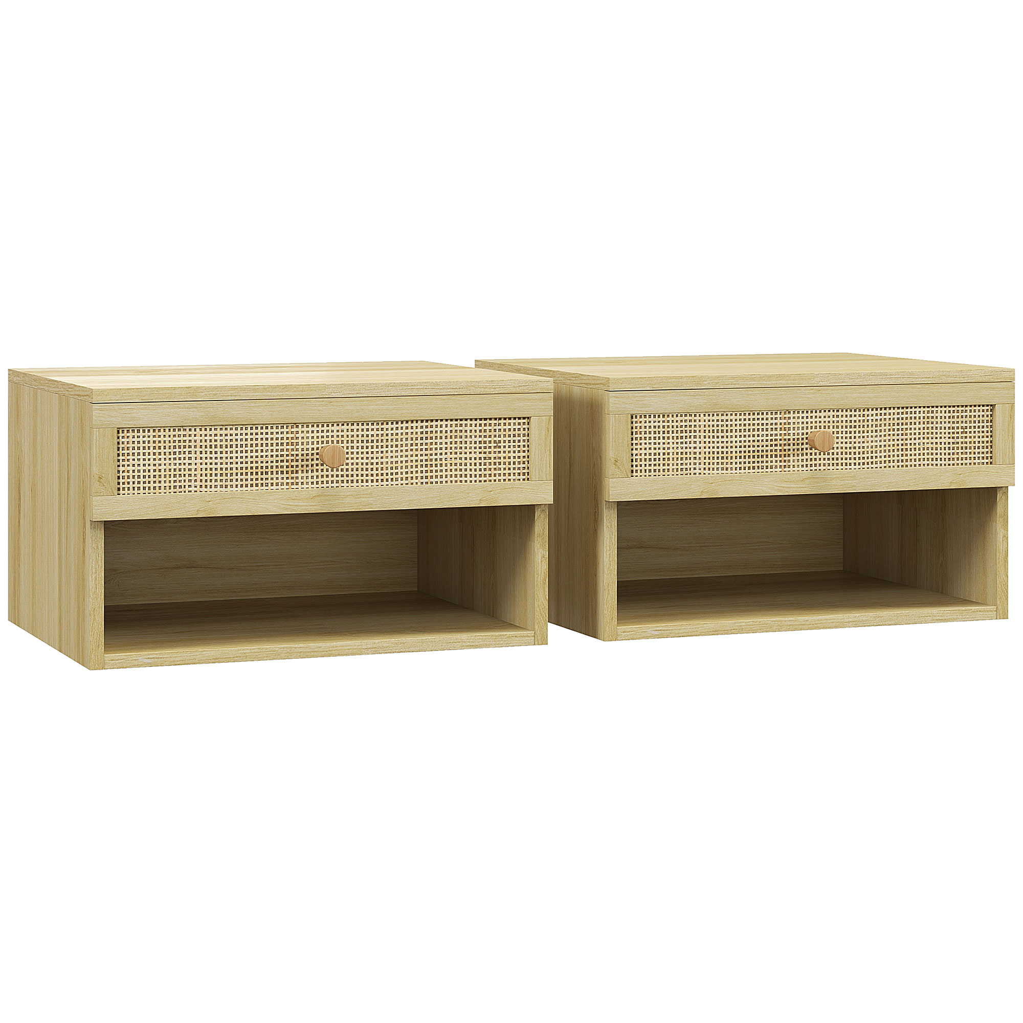Scott Set of Two Rattan Panel Floating Bedside Tables - Wood-Effect