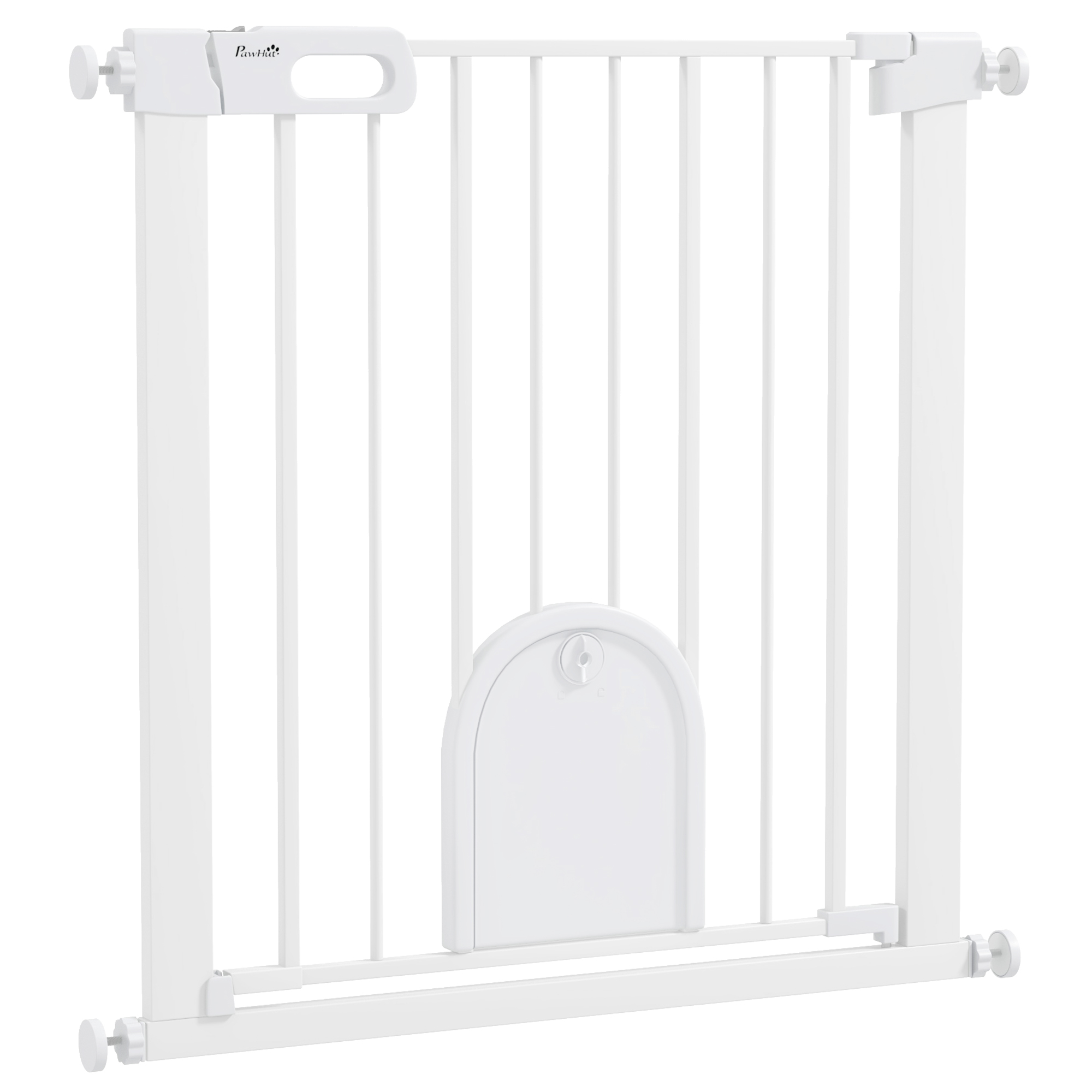 75-82cm Pet Safety Gate with Double Locking, Pressure Fit Stair with Cat Flat for Doorways, Hallways, White
