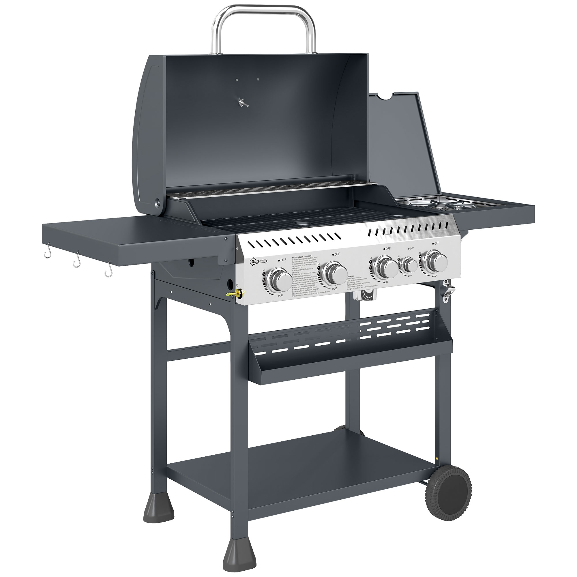 Galvanised Steel 4+1 Gas Burner BBQ Grill Trolley, Black