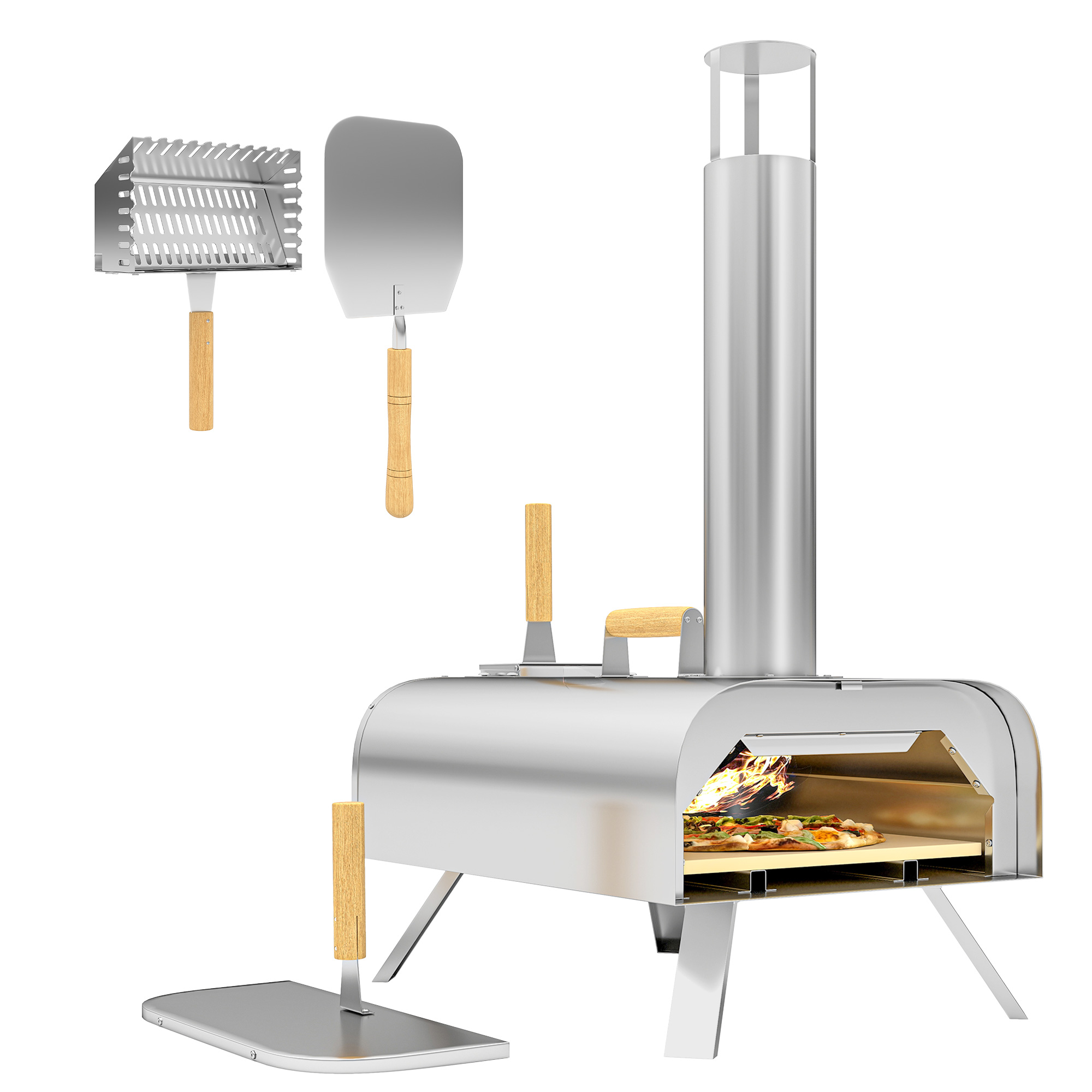 SUNVISTA Portable Outdoor Pizza Oven with Stone, Peel & Chimney, Wood Pellet Pizza Maker, Stainless Steel