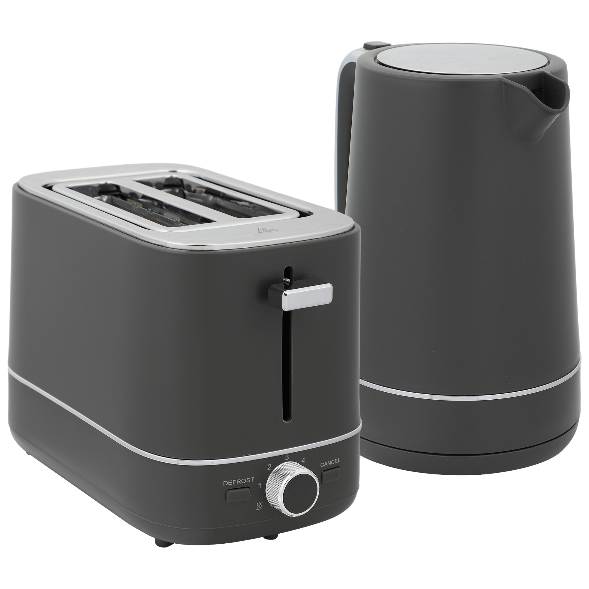 HERON Kettle and Toaster Set, 1.7L 3000W Fast Boil Kettle & 2 Slice Toaster Kitchen Set with 6 Level Browning Controls, Defrost, Reheat, Grey