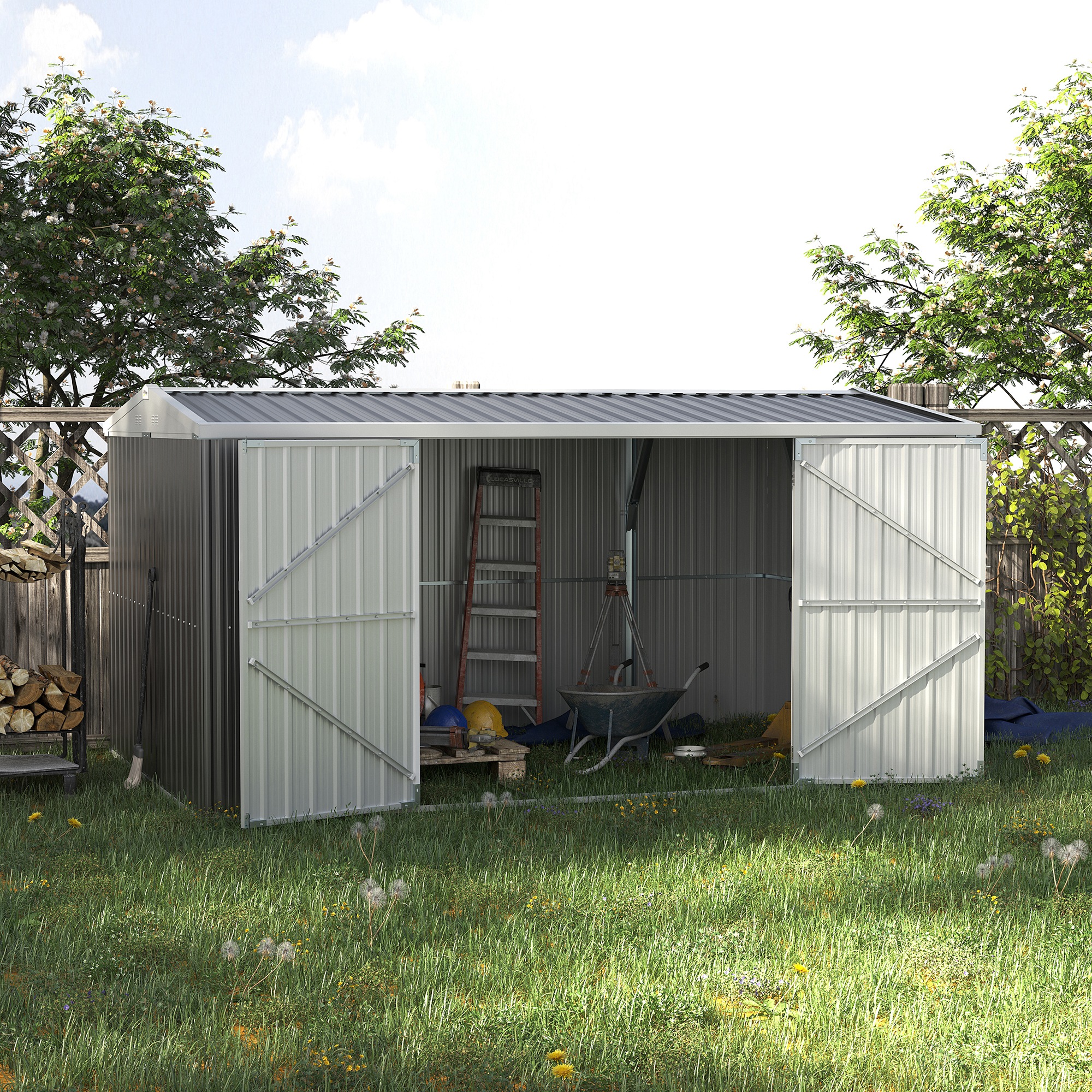 14 x 8 ft Lockable Garden Shed Large Patio Roofed Tool Metal Storage Building Foundation Sheds Box Outdoor Furniture - Grey