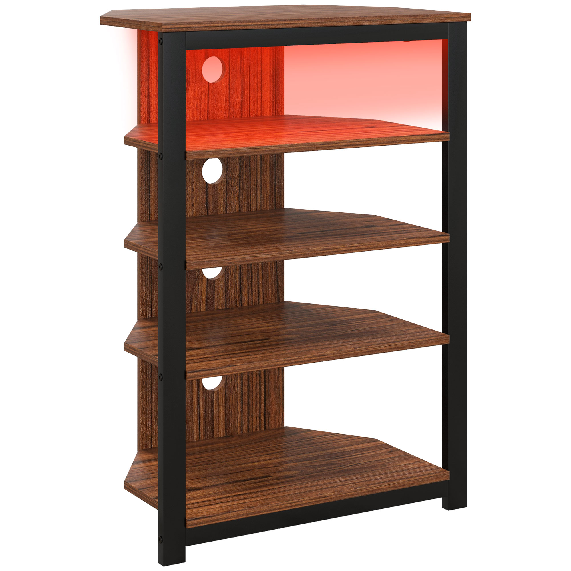 HERON 4 Tier Corner TV Stand with Storage LED Lights Cable Management - Brown