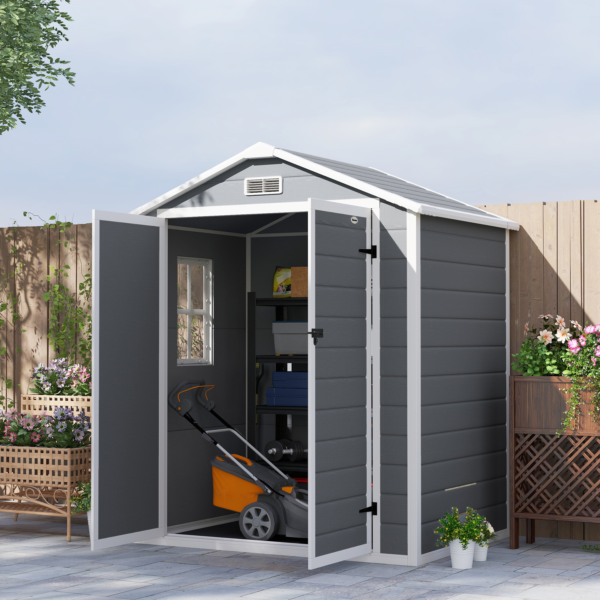 Lockable Garden Storage Shed with Double Doors Window Vent - Grey