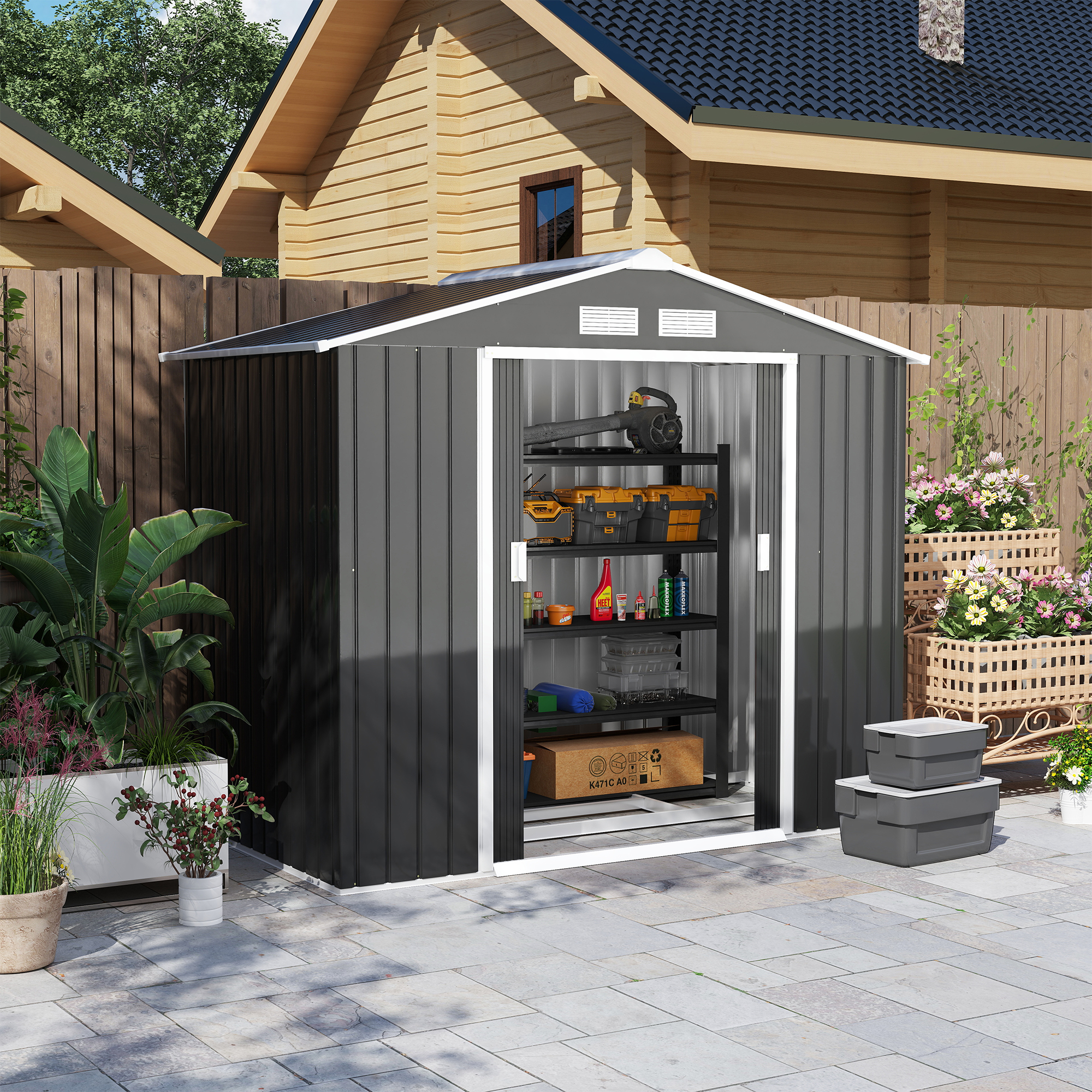 Lockable Garden Shed Large Patio Roofed Tool Metal Storage Building Foundation Sheds Box Outdoor Furniture, 7ft x 4ft, Dark Grey