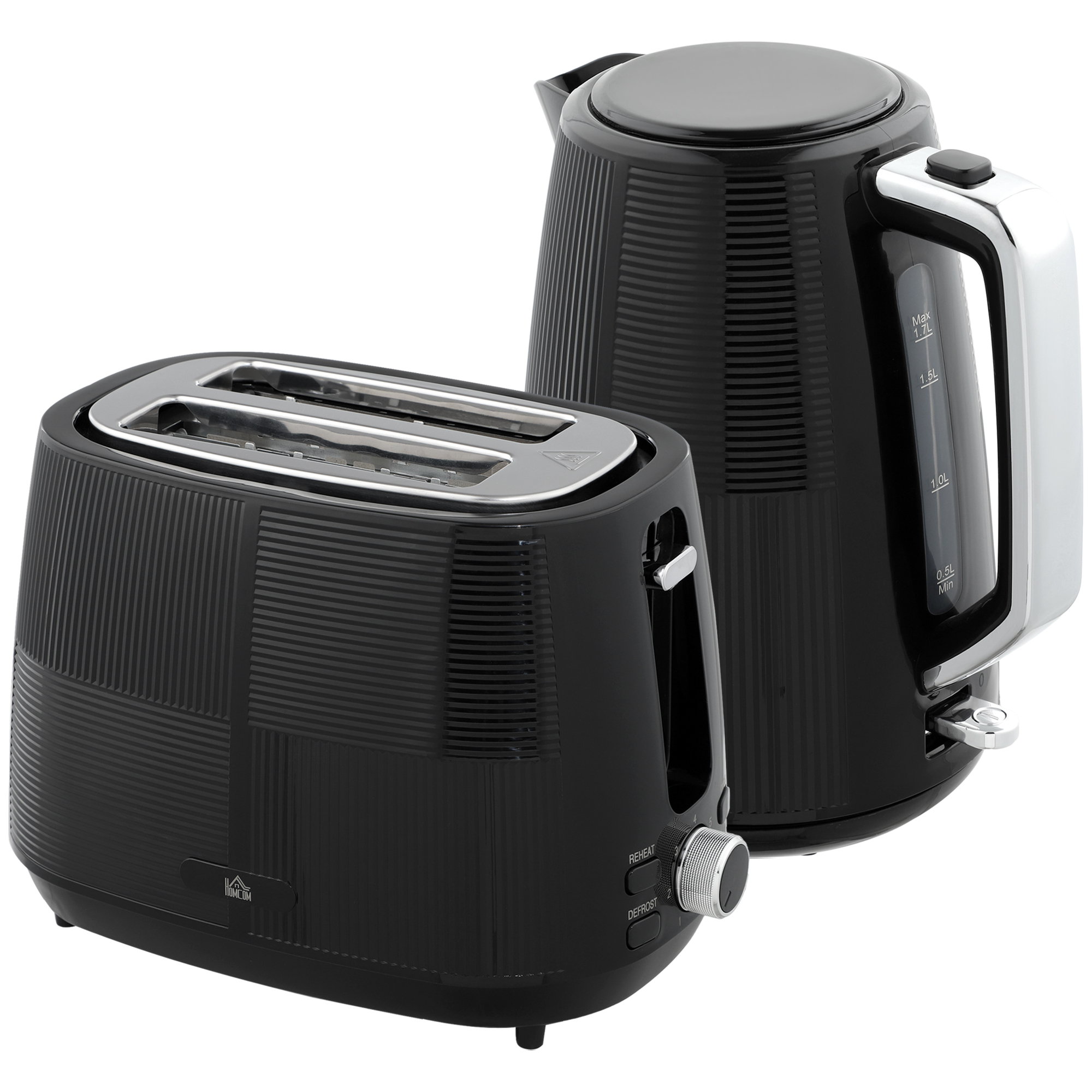 HERON Kettle and Toaster Set, 1.7L 3000W Fast Boil Kettle & 2 Slice Toaster Kitchen Set with 7 Level Browning Controls, Defrost, Black