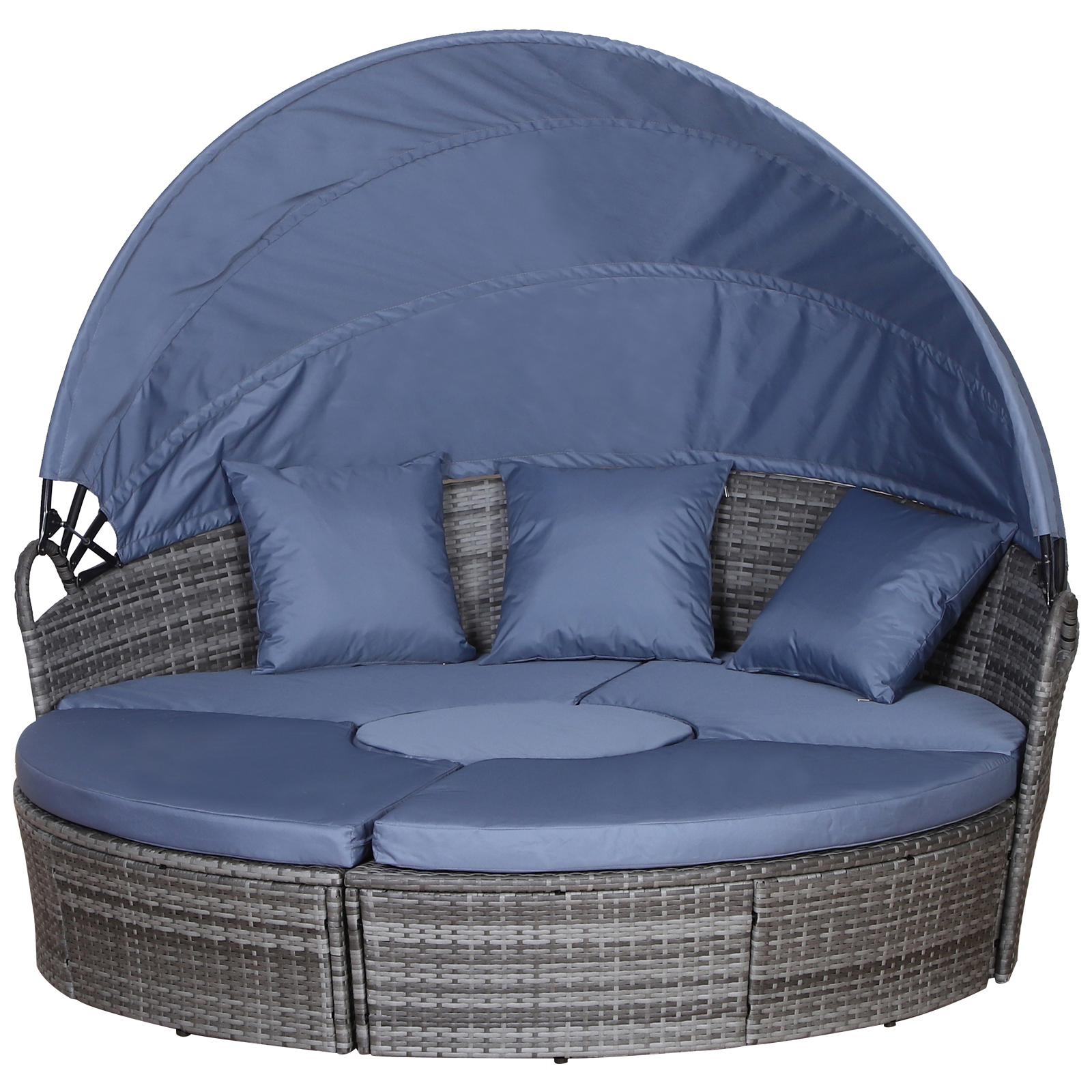 6-Seater Rattan Sofa Bed Garden Furniture Cushioned Wicker Round Sofa Bed with Coffee Table Patio Conversation Furniture Set - Grey