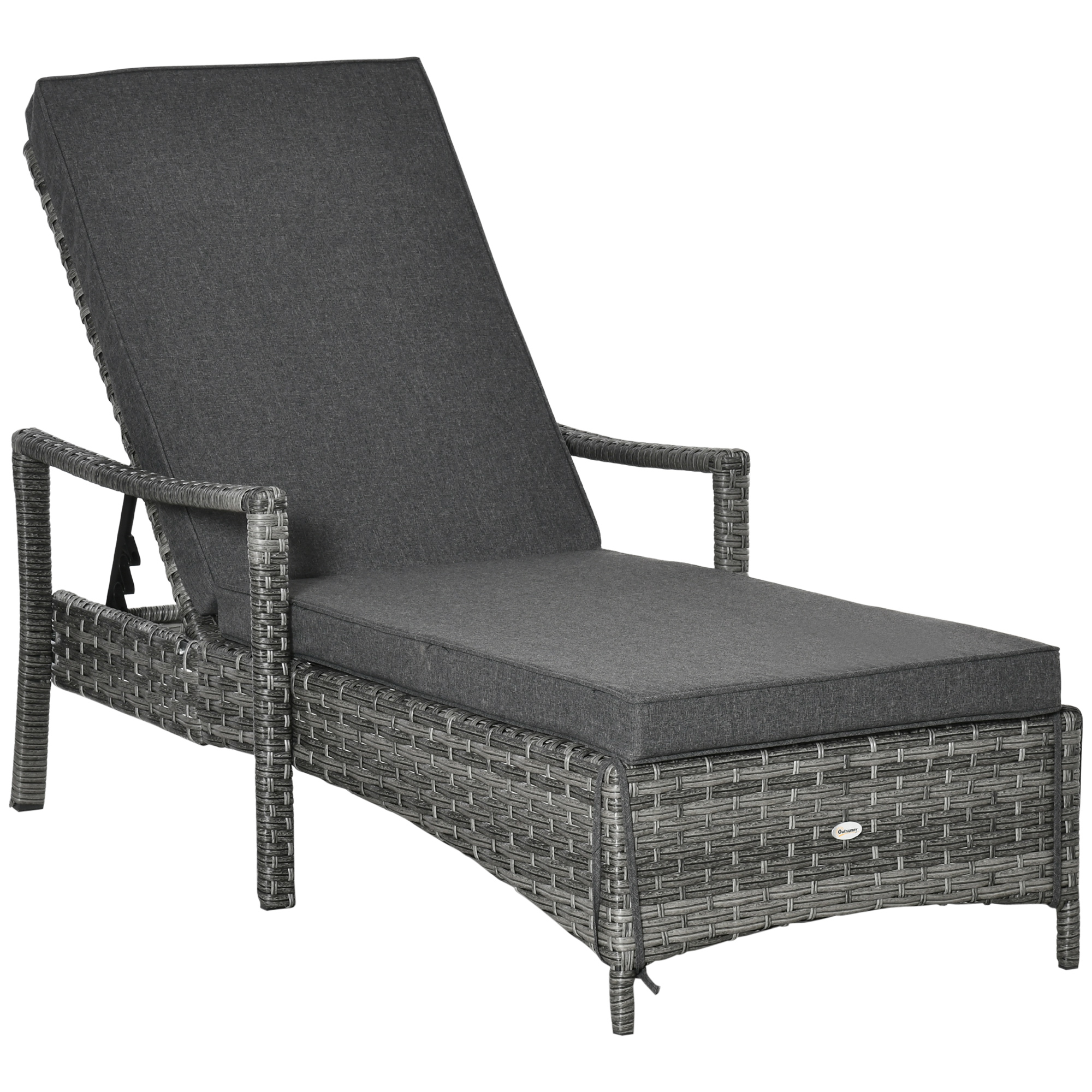 Patio Rattan Sun Lounger, Dual Wicker Weave Single Reclining Chair Furniture, Adjustable Backrest w/ Removable&Washable Cushion Mixed Grey