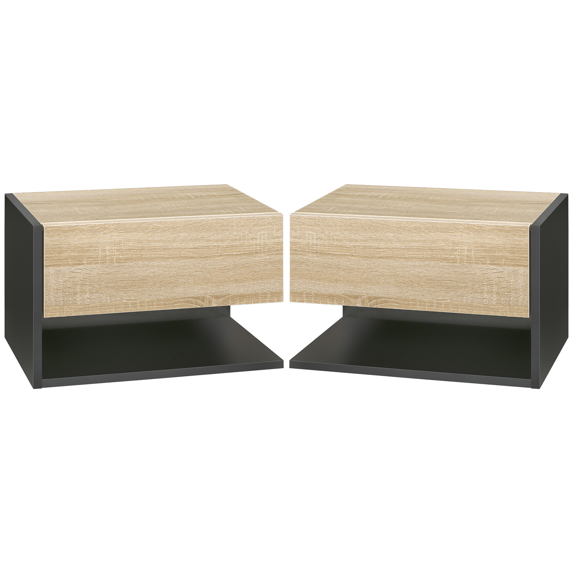 HERON Floating Bedside Tables Set of 2, Wall-Mounted with Drawer & Shelf - Oak