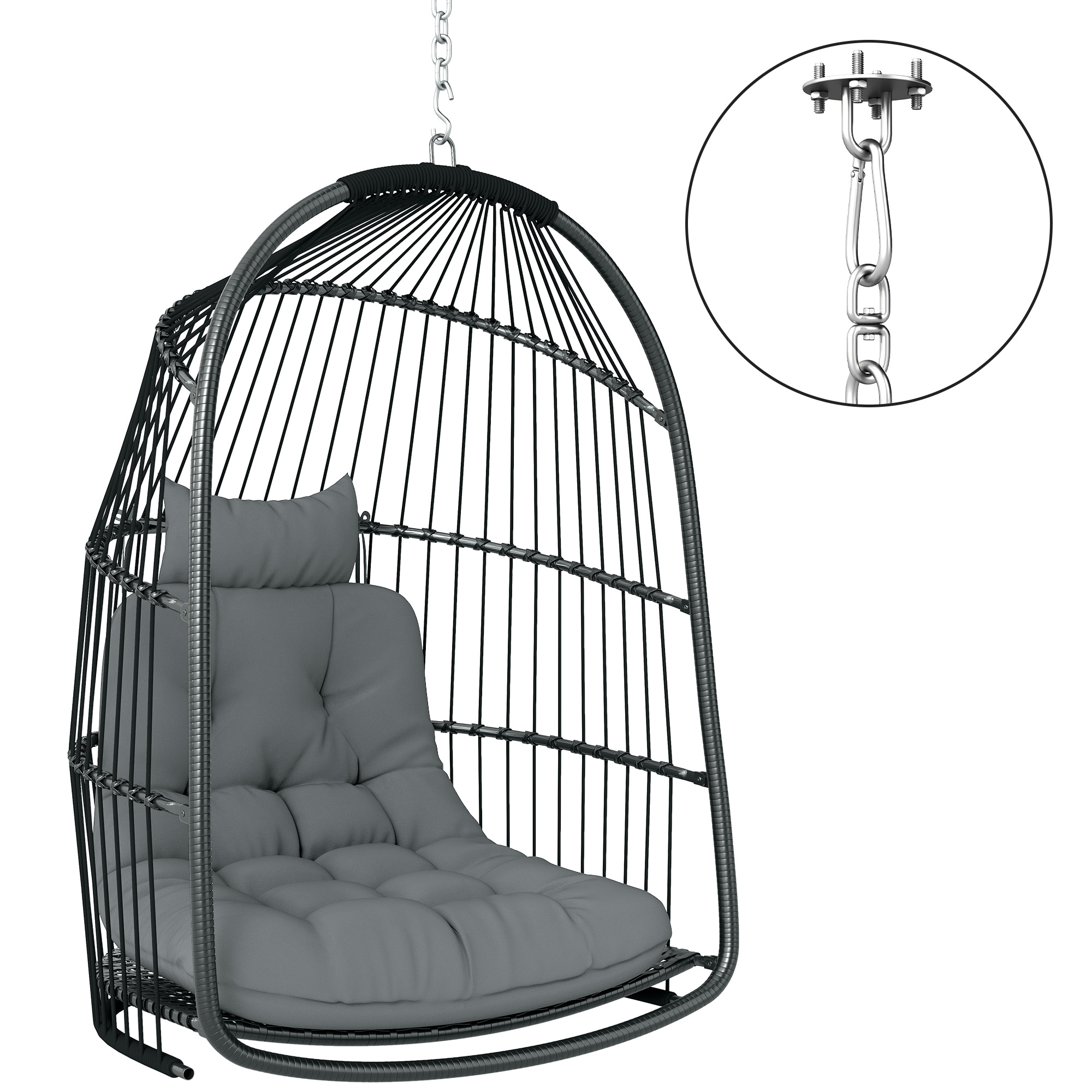 SUNVISTA Hanging Egg Chair, Foldable Rattan Swing Chair with Cushion & Headrest, Dark Grey