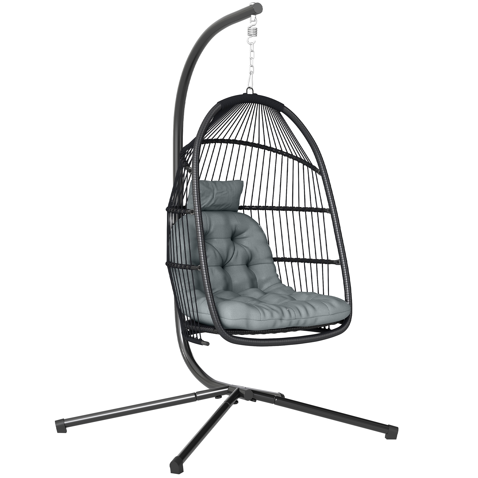 SUNVISTA Rattan Hanging Egg Chair, Foldable Wicker Swing with Cushion, Steel Frame, 150kg Capacity, Dark Grey