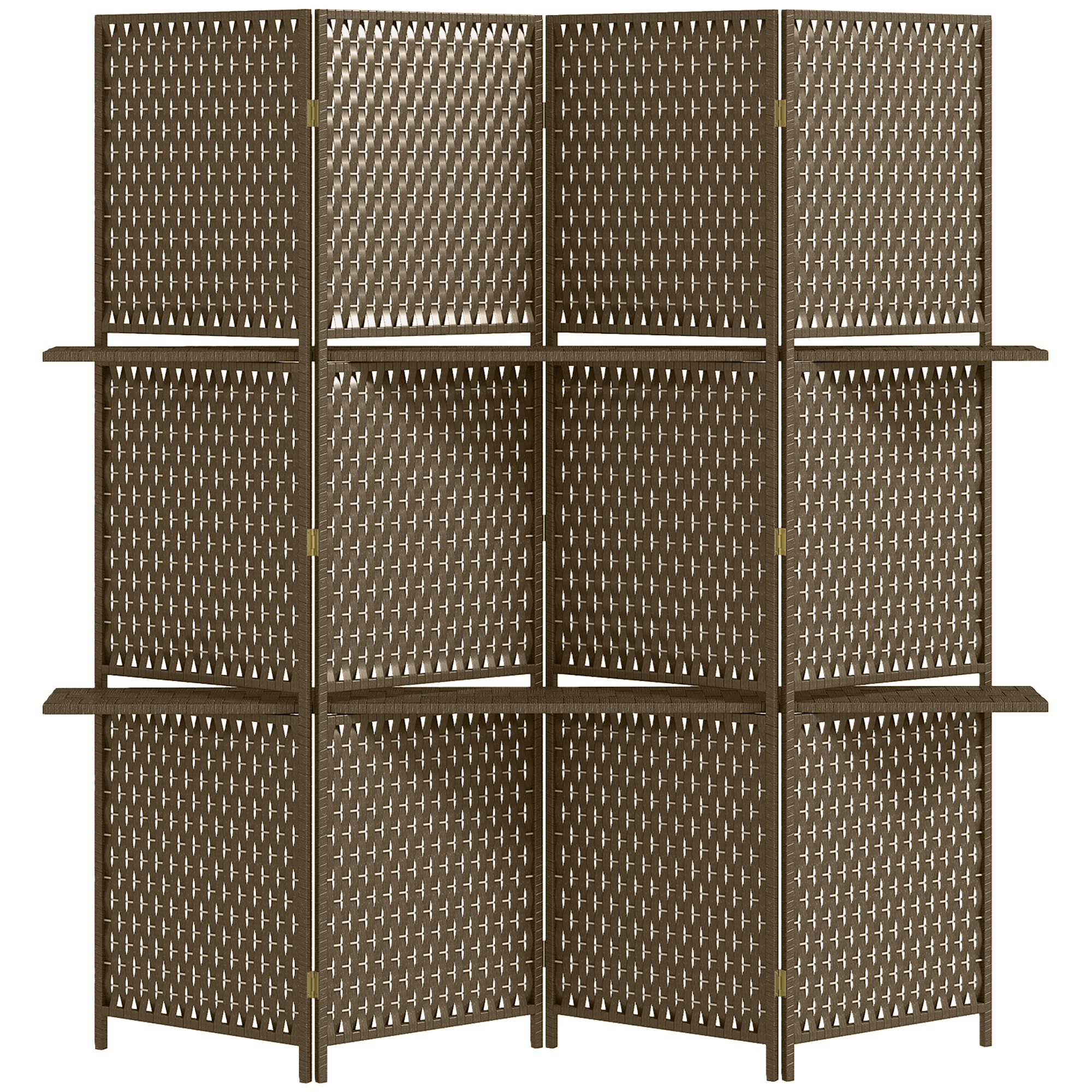 4-Panel Room Dividers with Shelves, Wave Fibre Freestanding Folding Privacy Screen Panels, Partition Wall Divider for Indoor Bedroom Brown