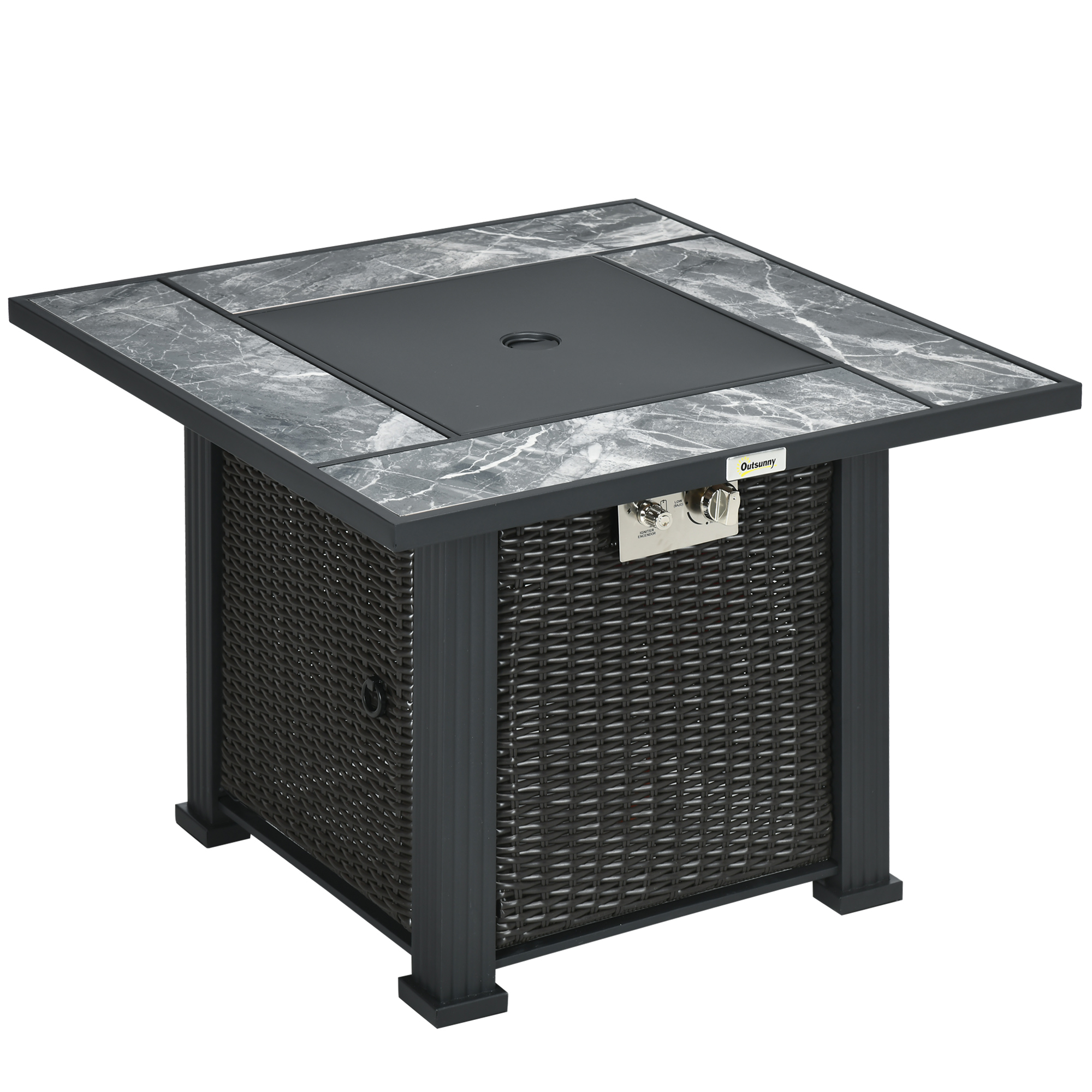 Outdoor PE Rattan Gas Fire Pit Table, Patio Square Propane Heater with Marble Desktop, Rain Cover, Glass Windscreen, and Glass Stones Black