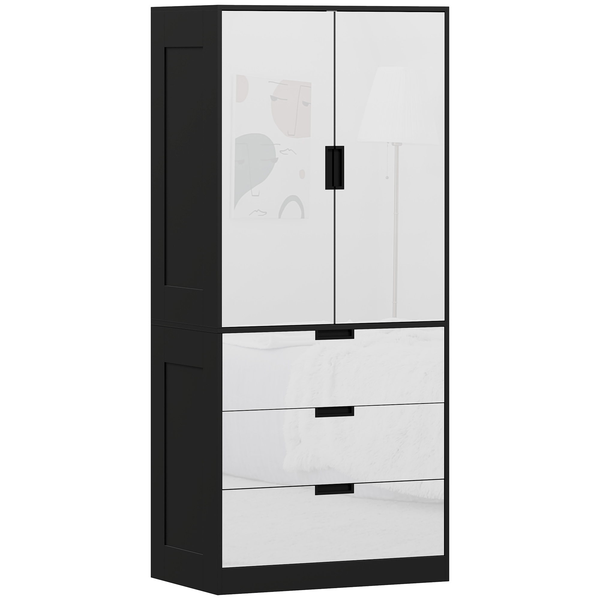 SERENA 2 Door Wardrobe with 3 Drawers Black with Gloss White - 80cm