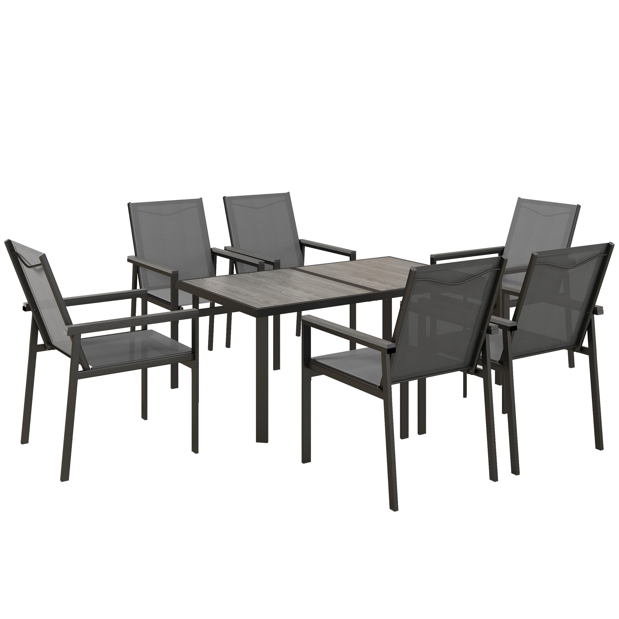 7 Pieces Garden Dining Set with Glass Top Dining Table, Outdoor Table and 6 Armchairs with Breathable Mesh Fabric Seats and Backrest, Wood-plastic 