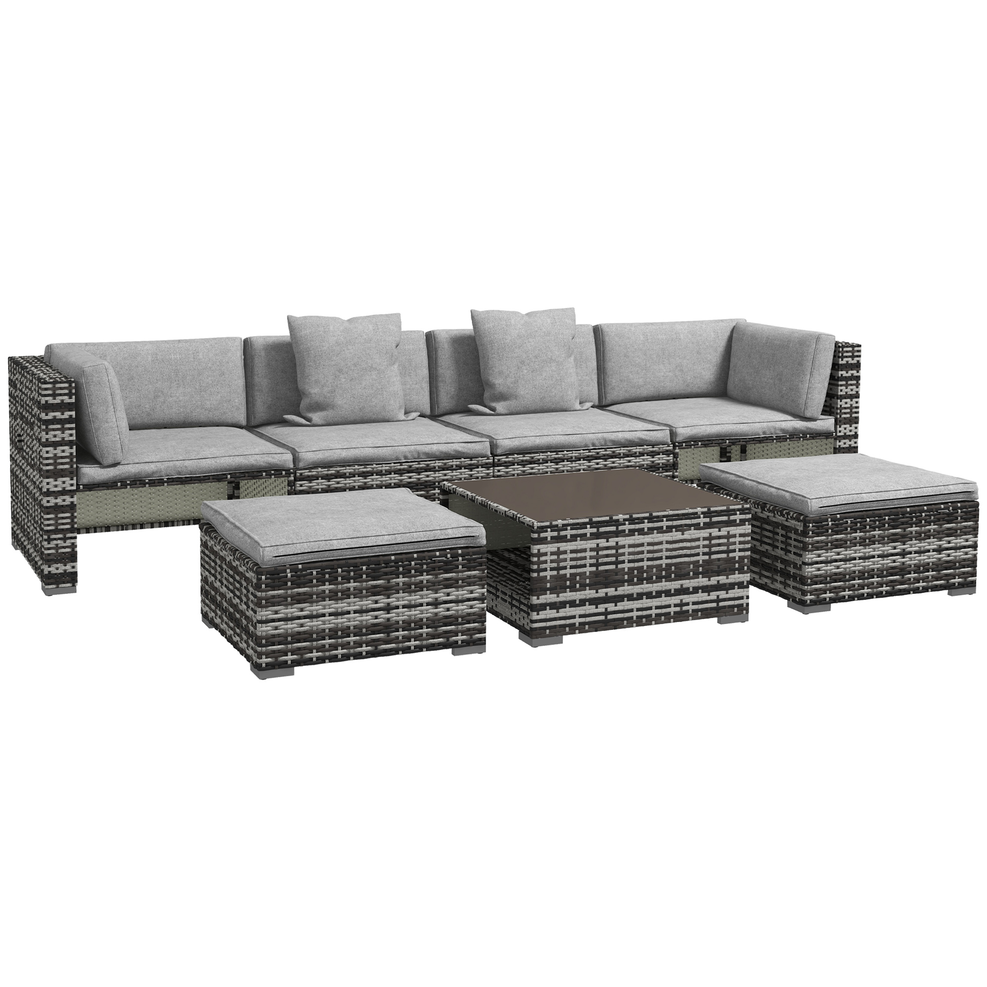 7-Piece Rattan Patio Furniture Set with Sofa, Footstools, Coffee Table, Side Shelves, Cushions, Pillows, Mixed Grey