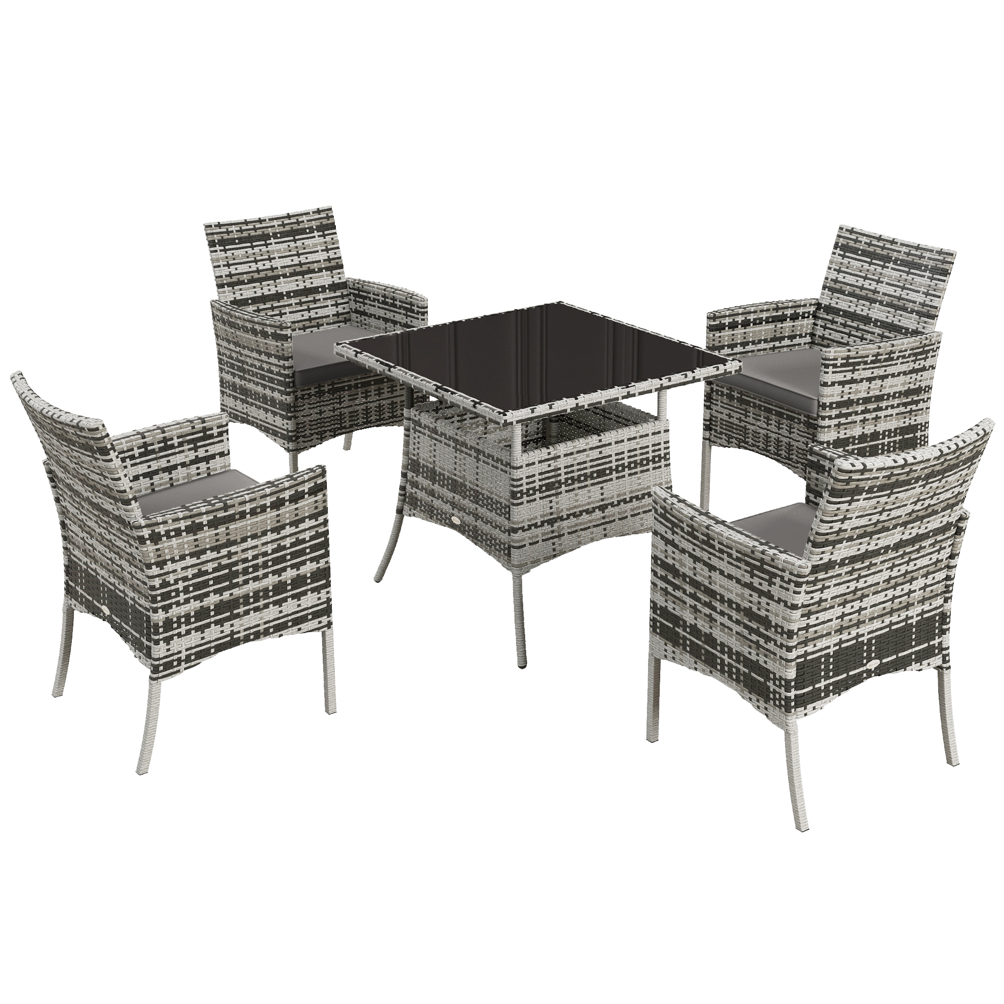 Outdoor Dining Set 5 Pieces Patio Conservatory with Tempered Glass Tabletop, 4 Dining Armchairs - Grey