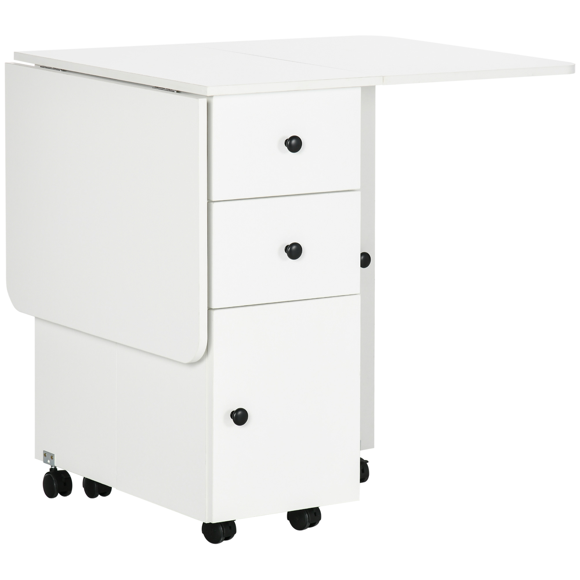 Folding Dining Table for 4-6, Rolling Drop Leaf Table with Storage Drawers, Cabinet and Open Shelf, Extendable Kitchen Table on Wheels, White