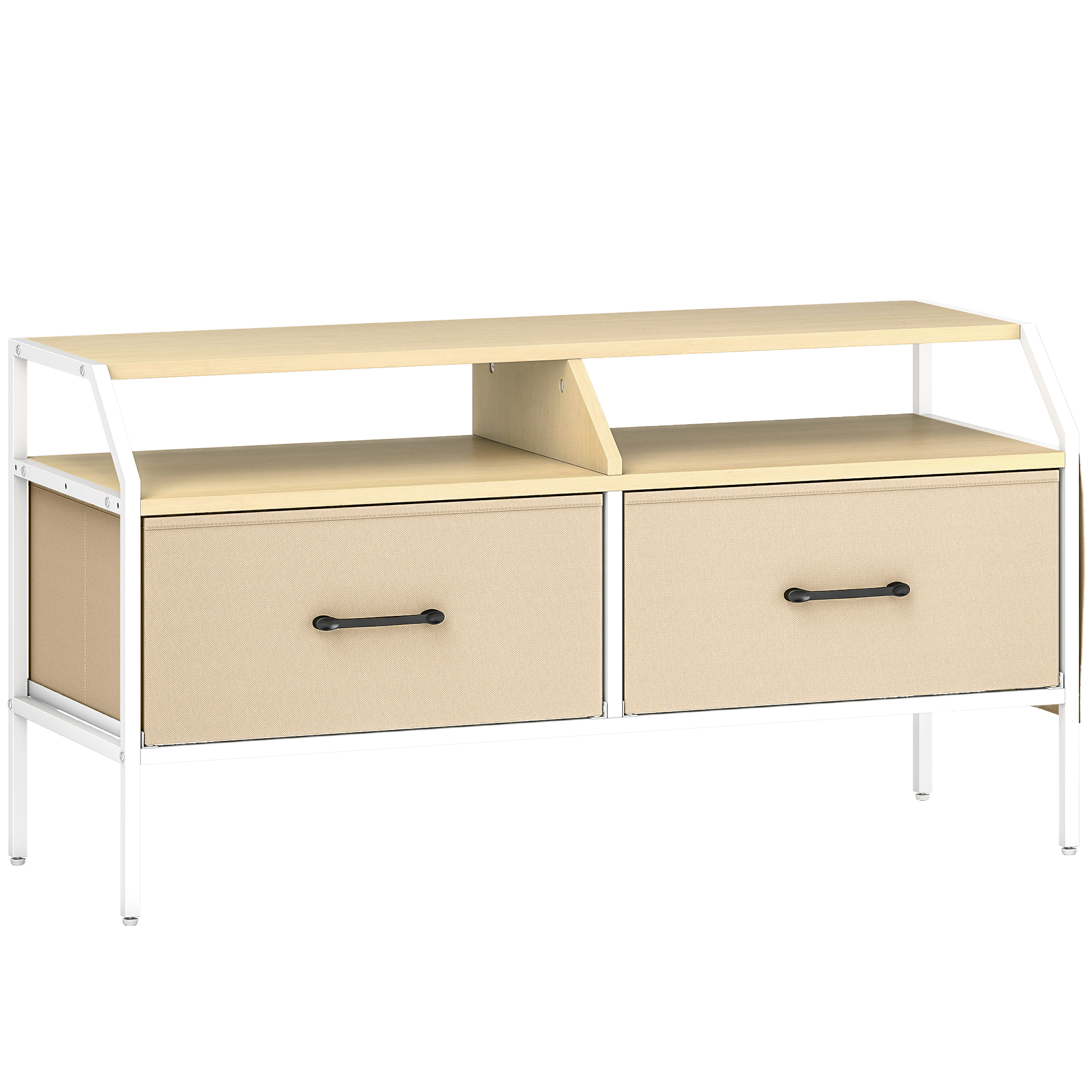 HERON TV Stand Cabinet for 55 inch TVs 2 Foldable Fabric Drawers Console Table - Natural Wood
