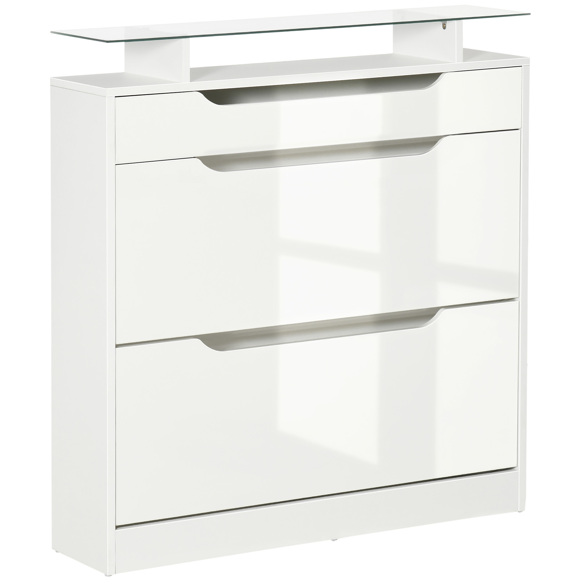Shoe Cabinet with 3 Drawers High Gloss Storage Cupboard Tipping Bucket with Flip Door Glass Top Adjustable Shelf Large-Capacity for 16 Pairs