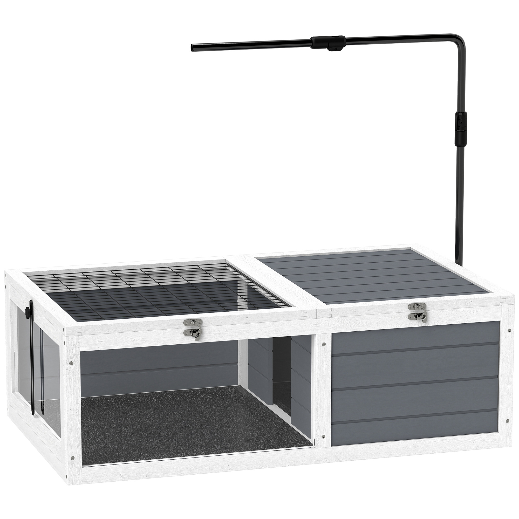PAWSTER Wooden Tortoise House Adjustable Lamp Holder Openable Lids Pull Out Trays - Grey