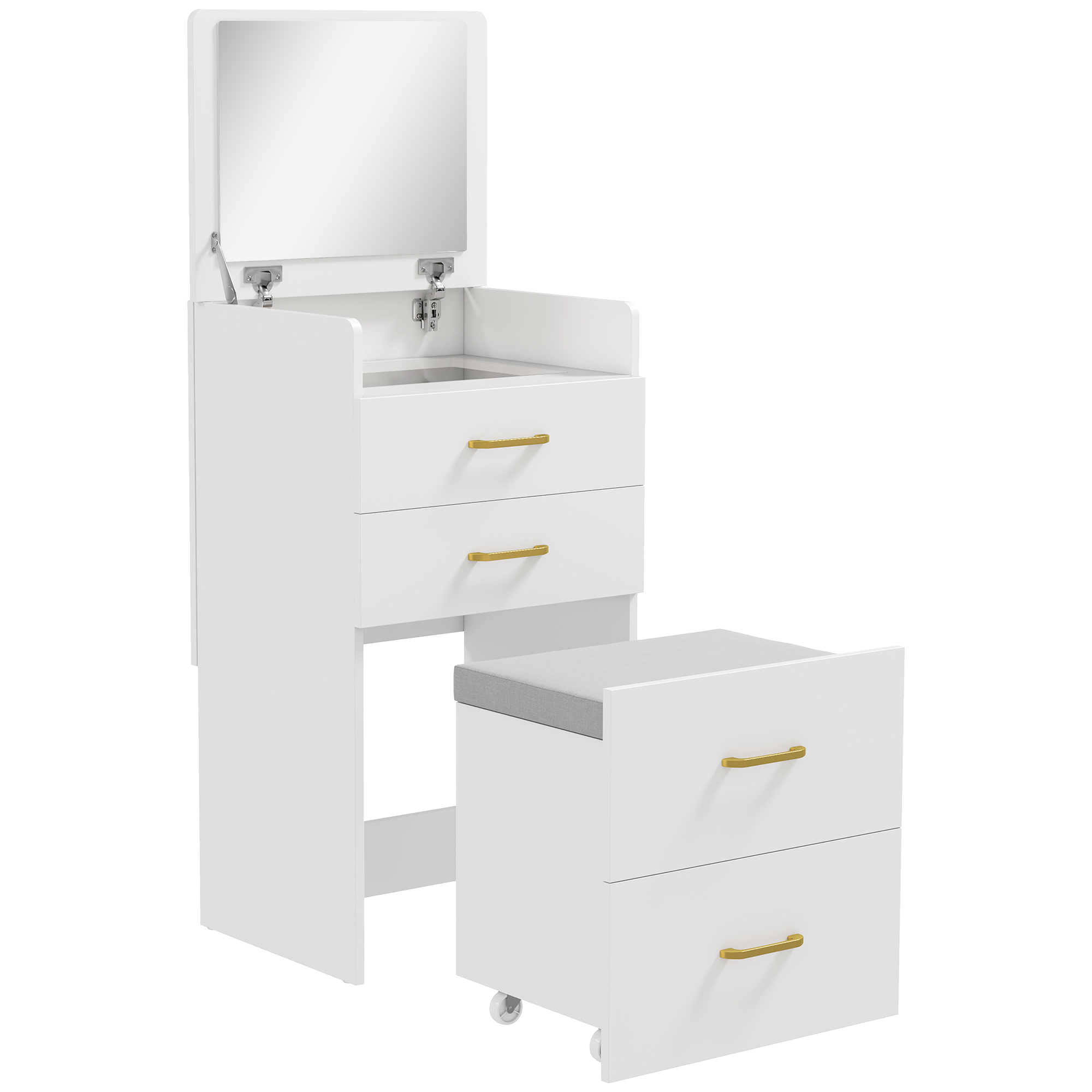 HERON 3 in 1 Dressing Table Flip top Mirror Rolling Stool Vanity Desk - White