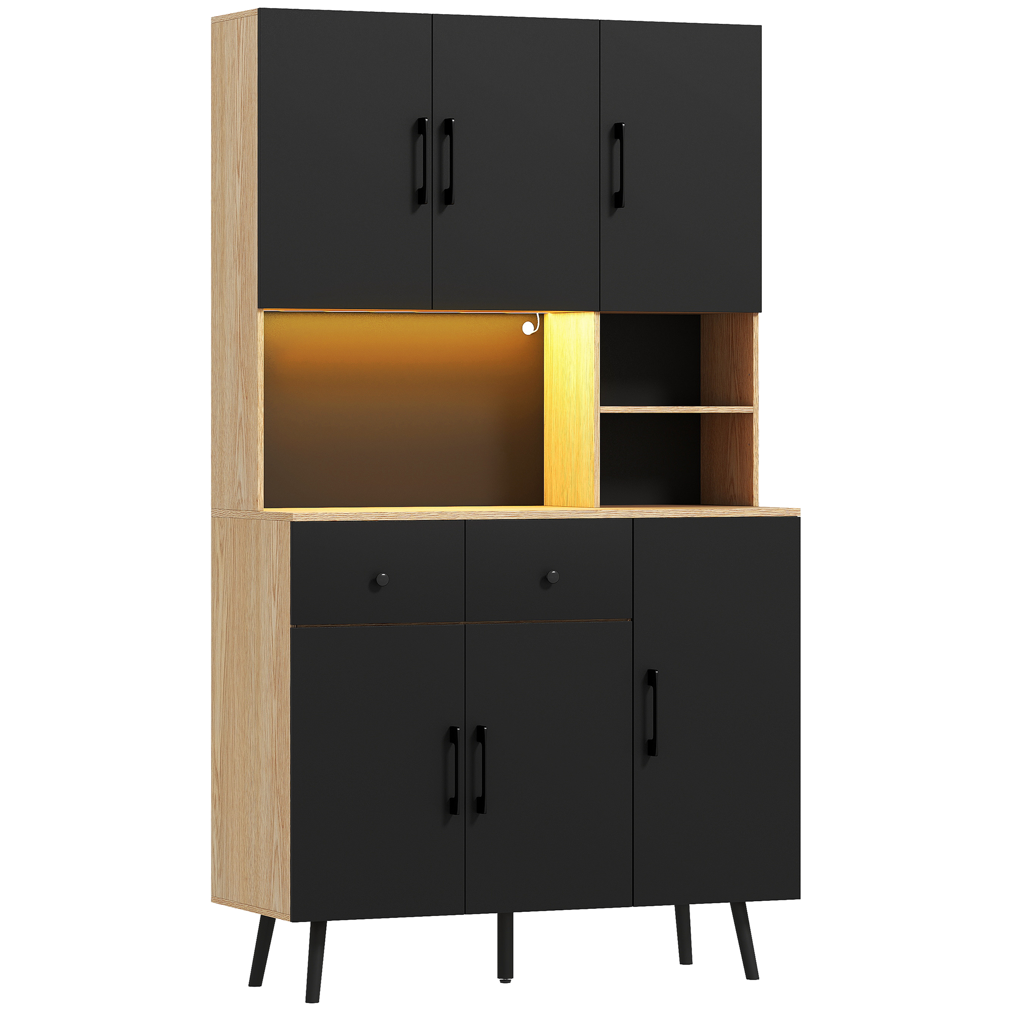 HERON 176 cm Kitchen Cupboard with LED Lights - Oak and Black