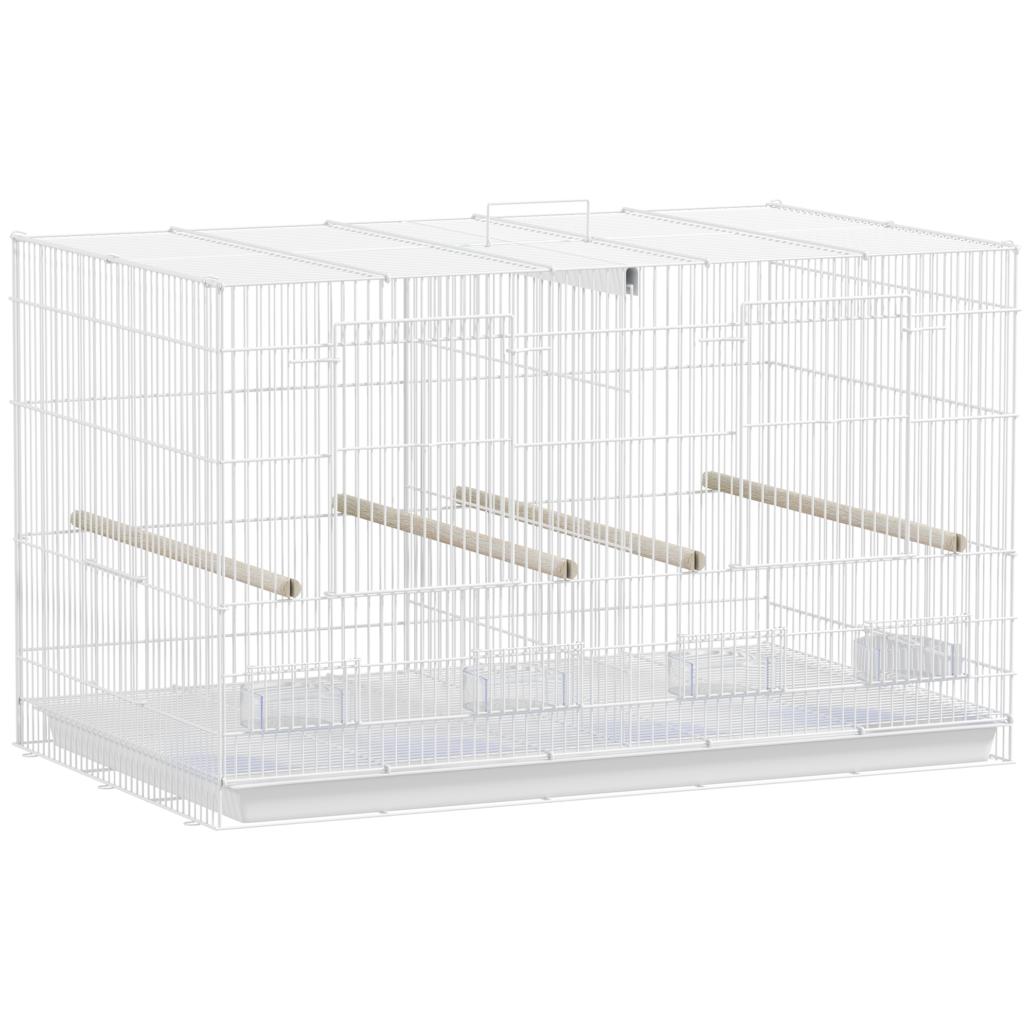 PAWSTER Bird Cage with Divider 4 Wood Perches Slide Out Tray 4 Feeders 76 x 46 x 46cm - White