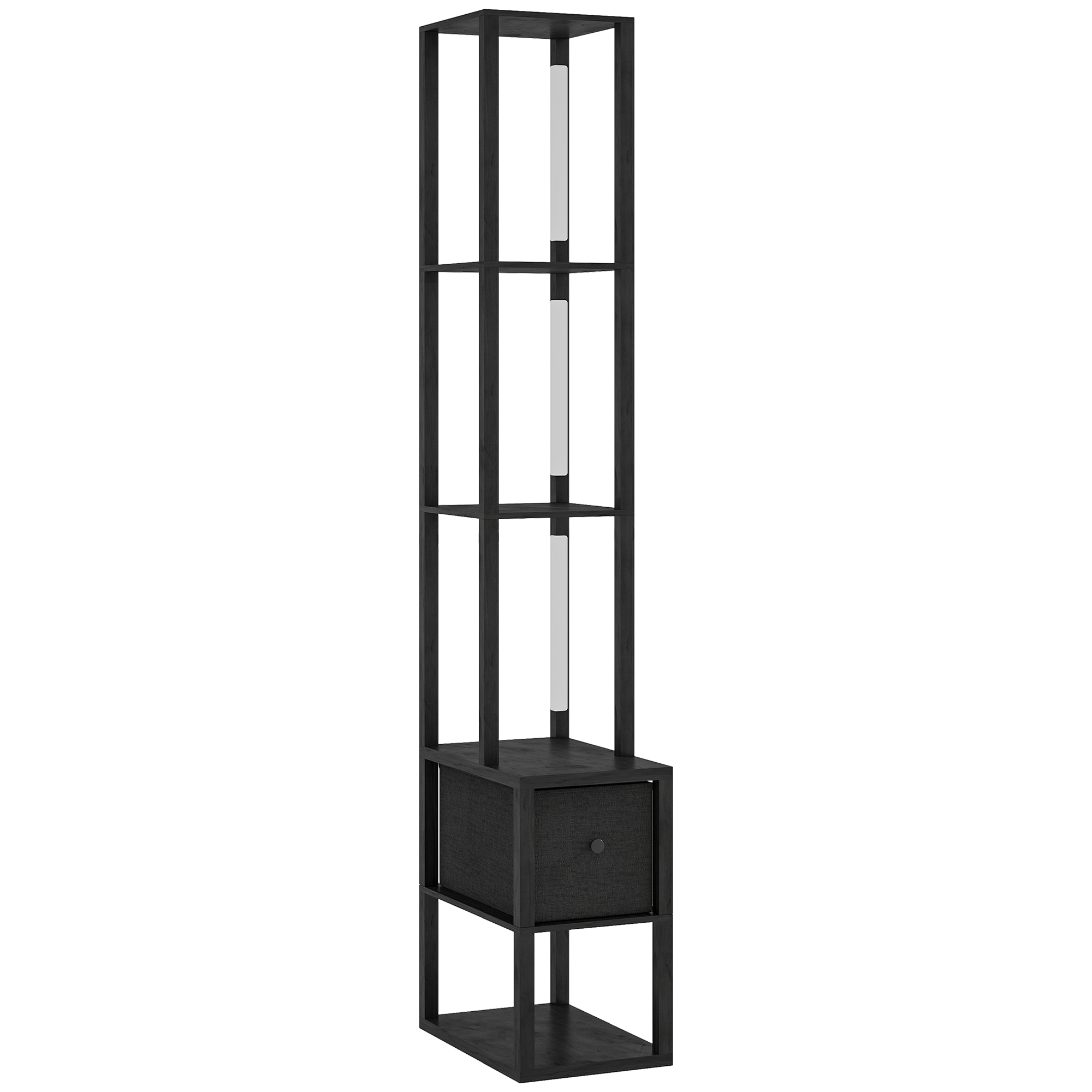 HERON Floor Lamp with Shelves LED Column Standing Lamp Fabric Drawer - Black