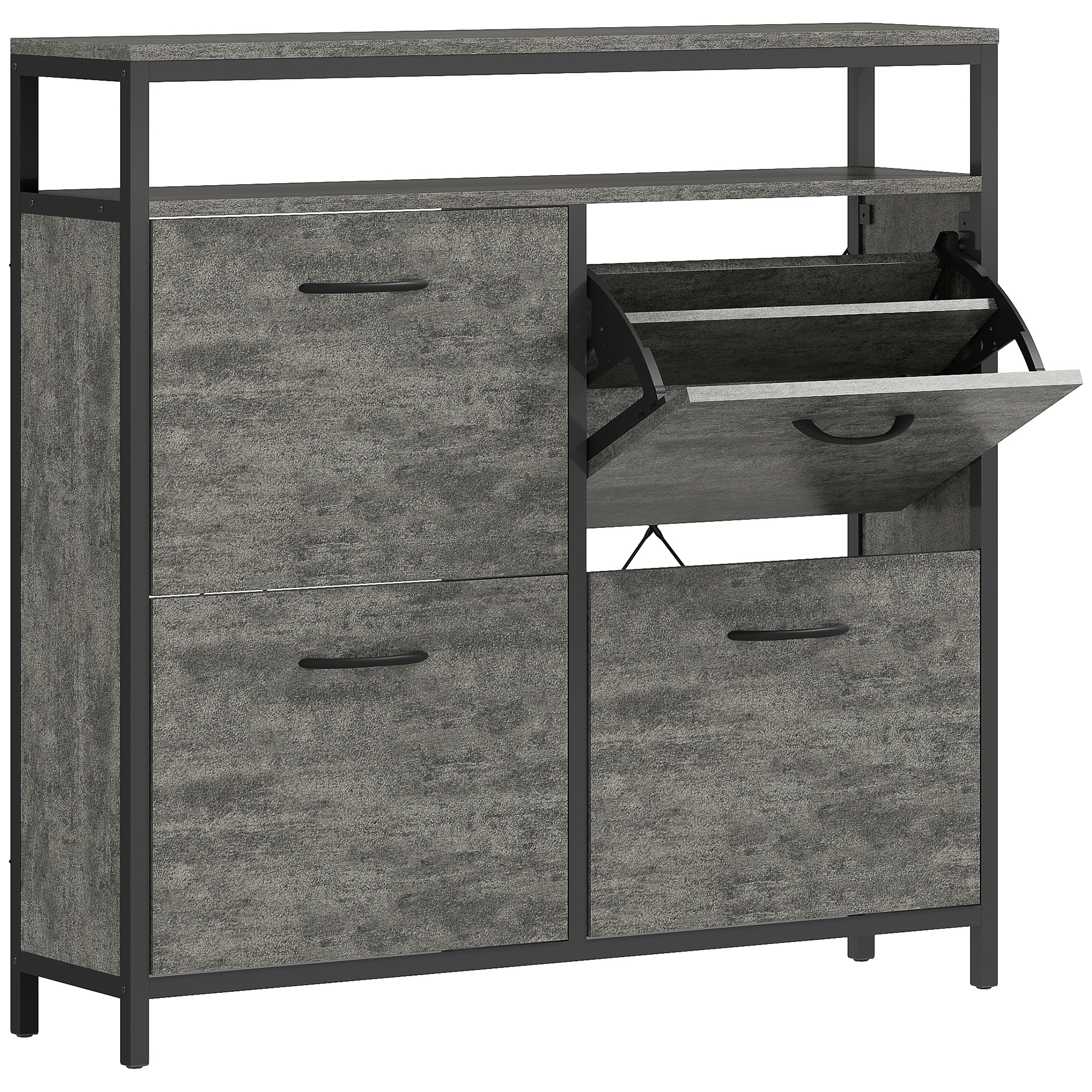 FOOSTRA 4 Drawer Shoe Storage Cabinet Flip Doors Open Shelf - Cement Grey