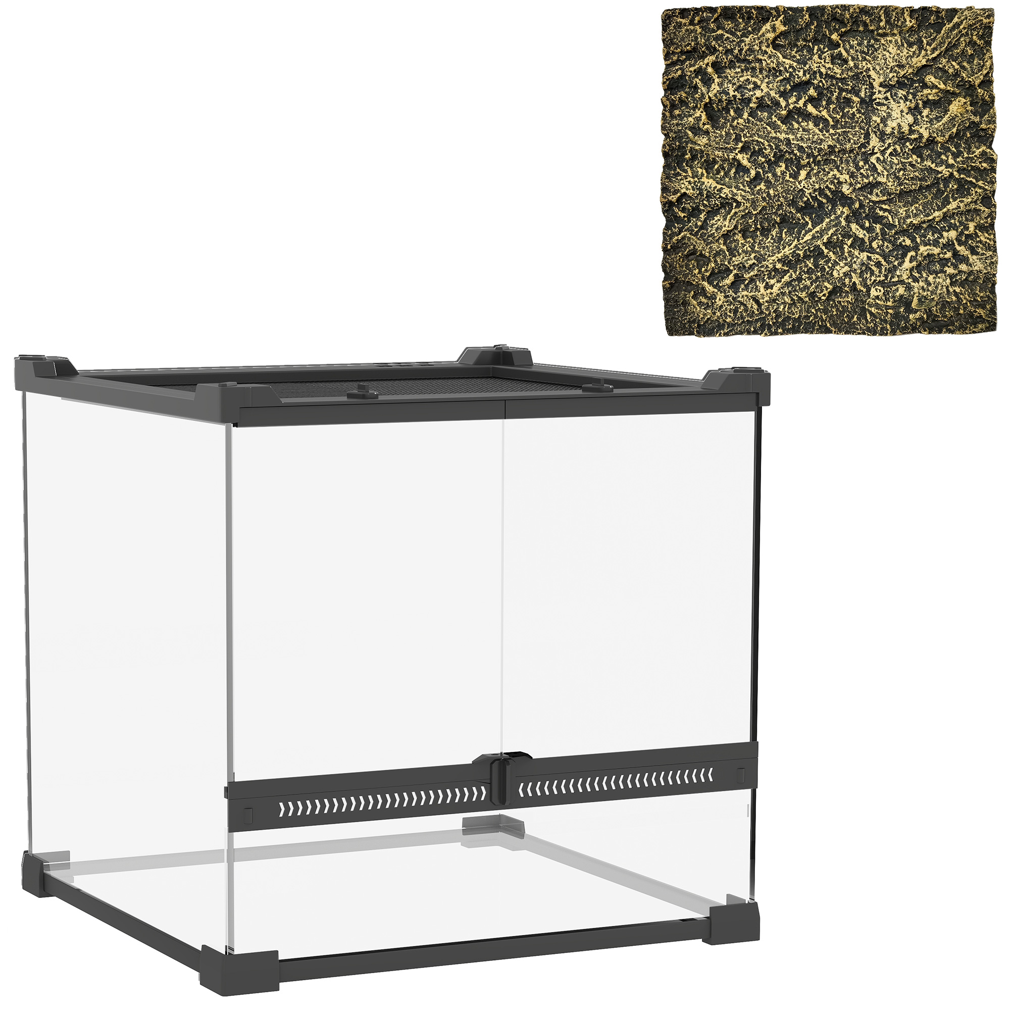 PAWSTER Reptile Glass Terrarium with Stone Background Escape Proof Knob Lock 30 x 30 x 30 cm - Black