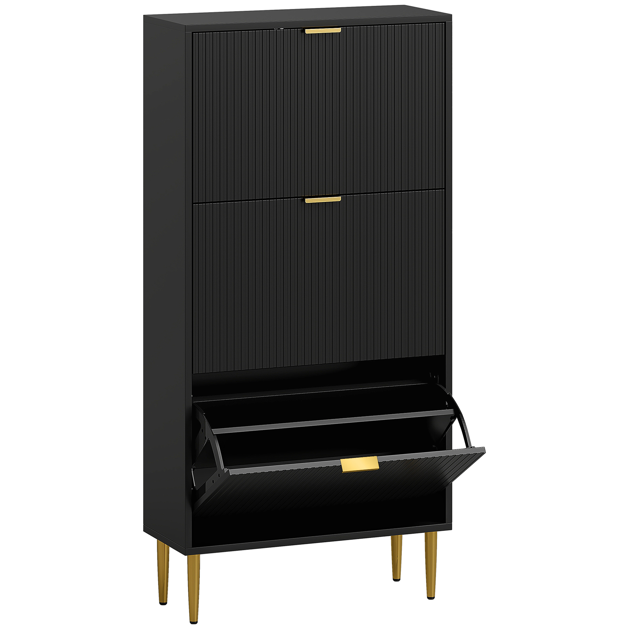 STASHOE 3 Drawer Tallboy Narrow Shoe Cabinet Flip Doors - Black