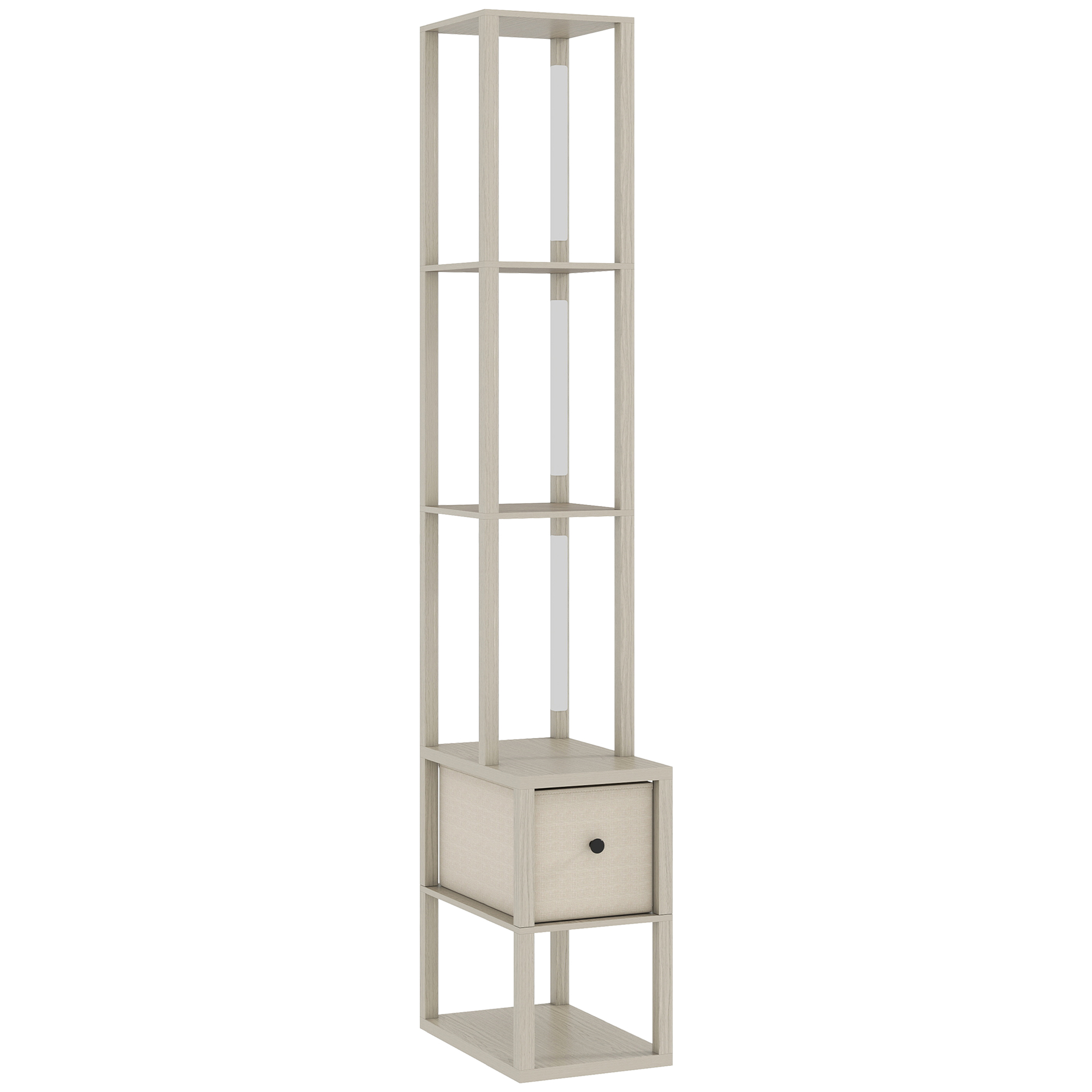 HERON Floor Lamp with Shelves LED Column Standing Lamp Fabric Drawer - Oak
