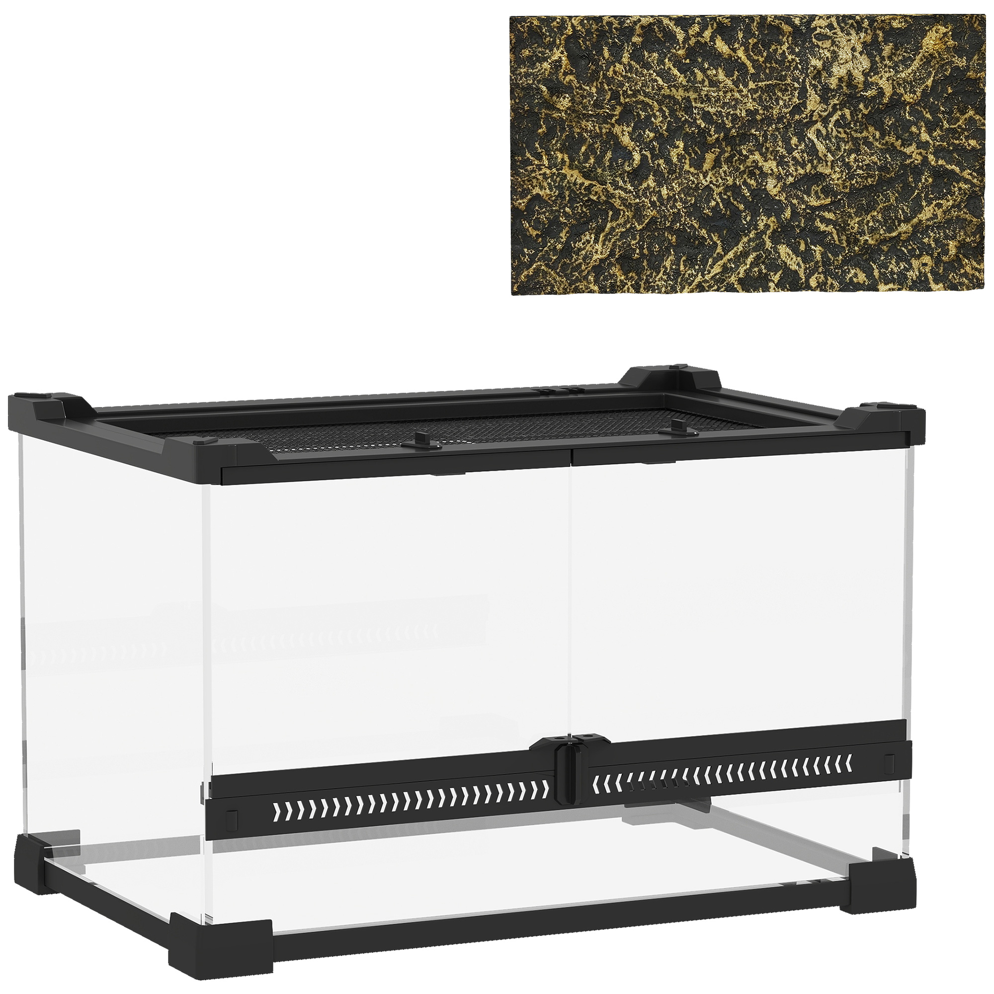 PAWSTER Reptile Glass Terrarium with Stone Background Escape Proof Knob Lock 30 x 20 x 20 cm - Black