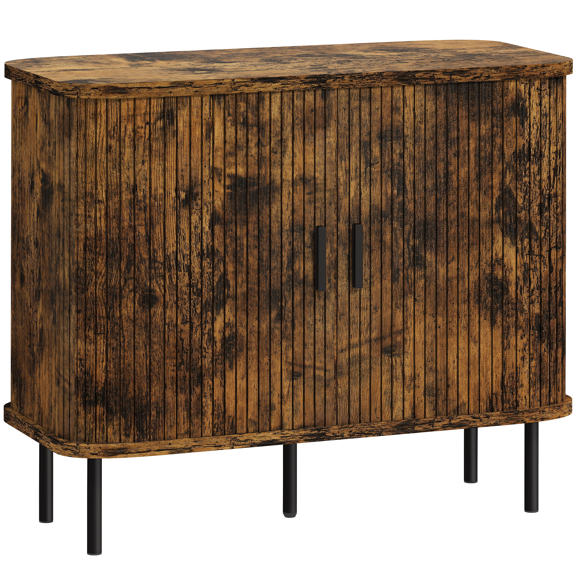 HERON Mid Century Modern Sideboard Slatted Tambour Sliding Doors Steel Legs - Rustic Brown