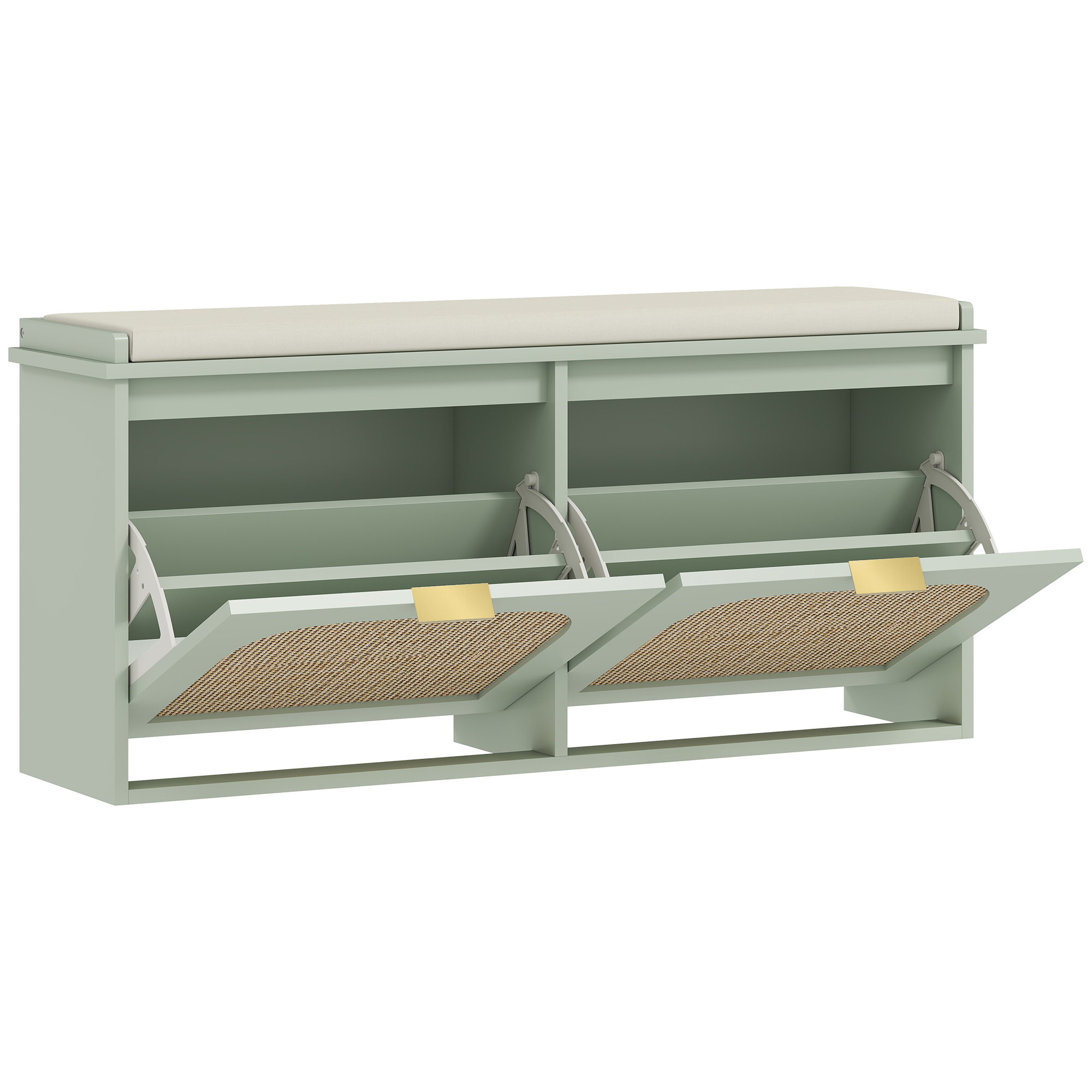 KICKSY Rattan Shoe Bench Padded Seat 2 Flip Drawers - Light Green
