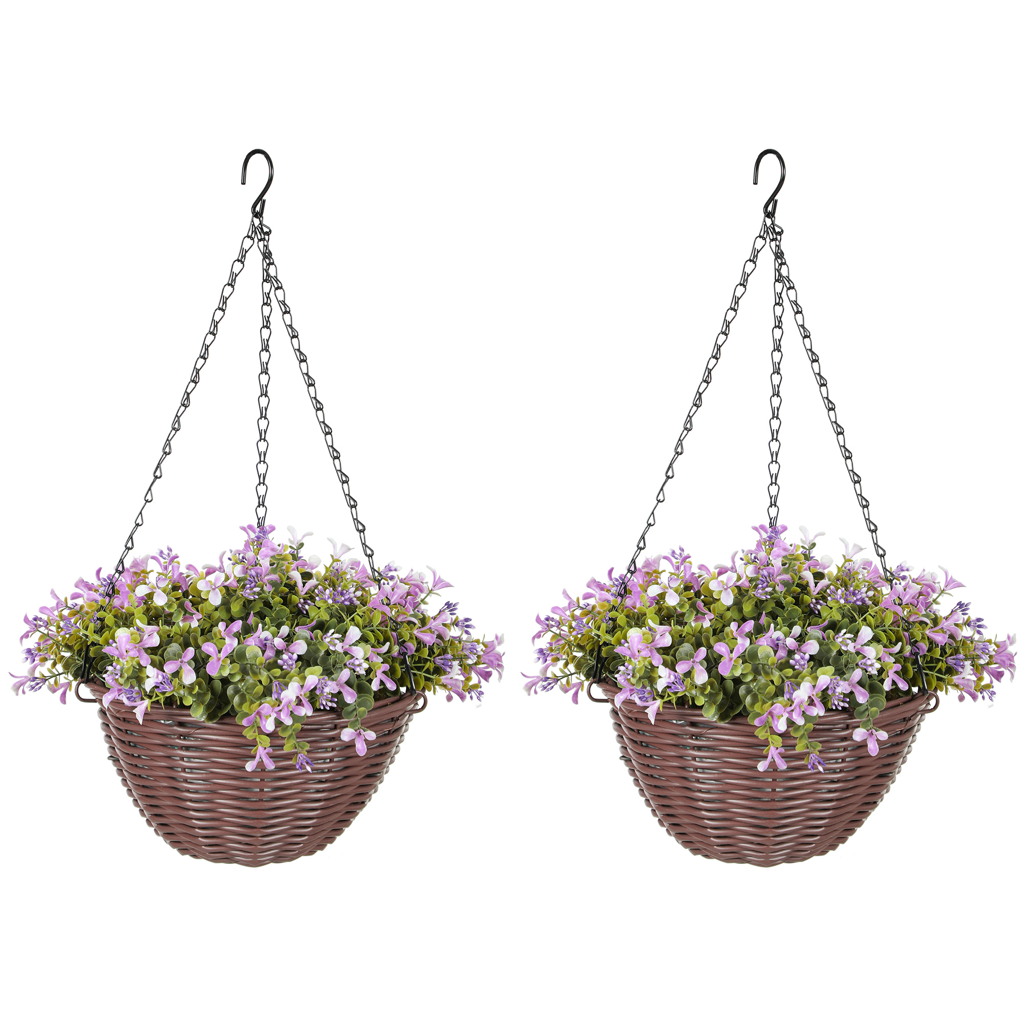 HERON Artificial Flowers in Basket Set of 2 Hanging Baskets 75 Leaves - Purple