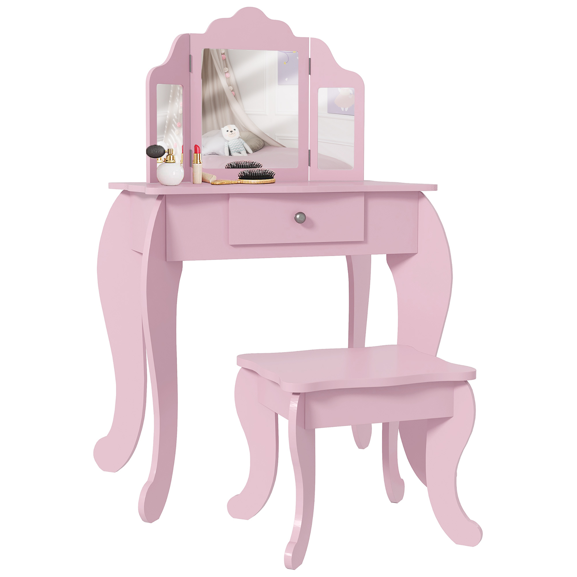 CLENHAM Kids Vanity Table with Tri Folding Mirror and Stool - Pink
