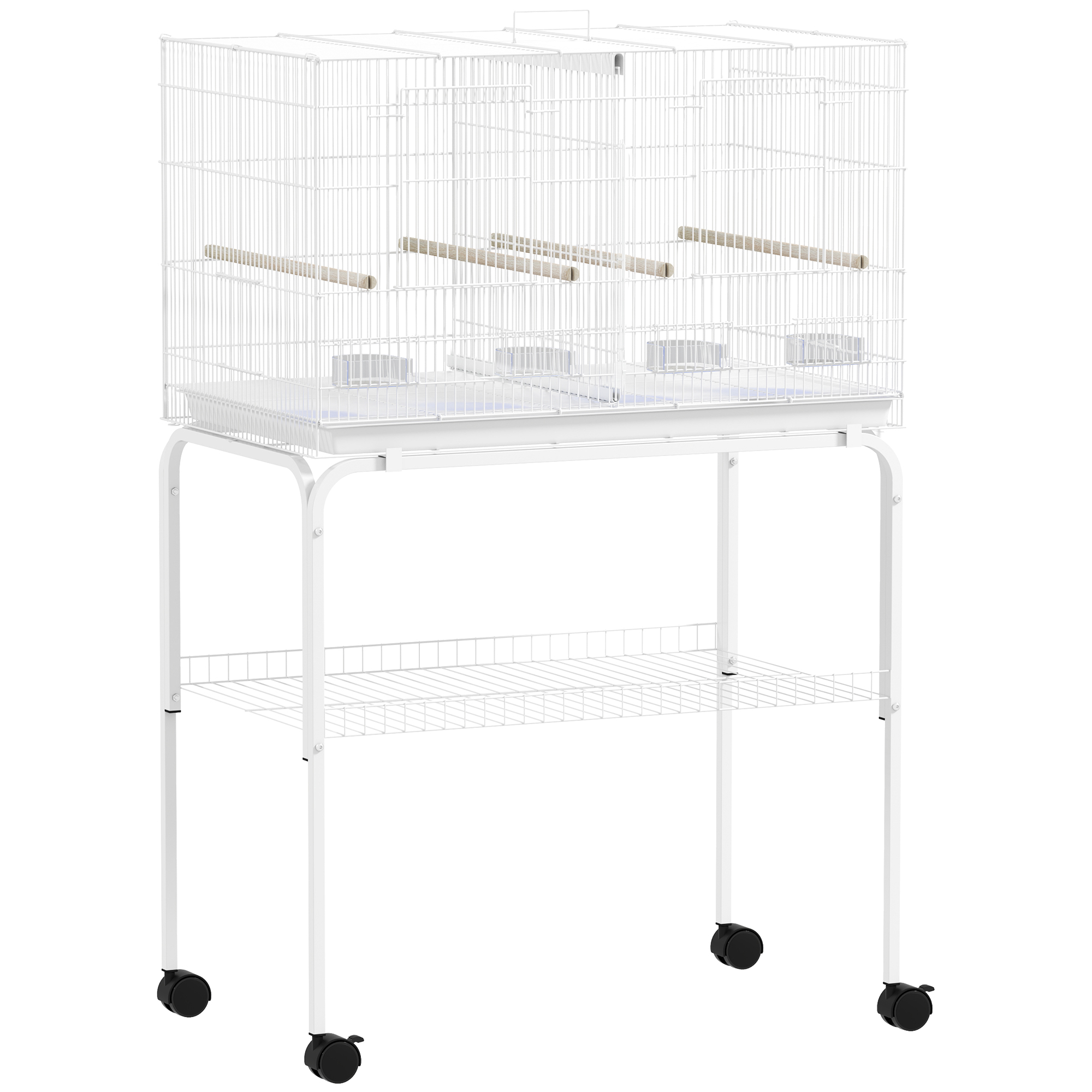 PAWSTER Bird Cage with Divider 4 Wood Perches Slide Out Tray 4 Feeders 76 x 46 x 116cm - White
