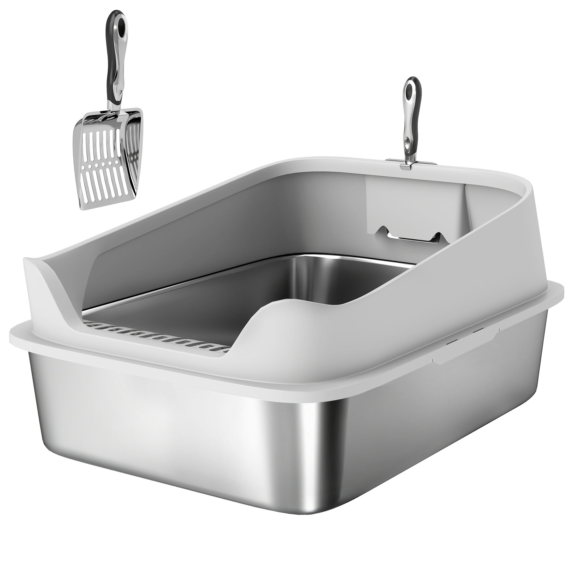 PAWSTER XXL Stainless Steel Cat Litter Box High Sides Metal Scoop - Grey