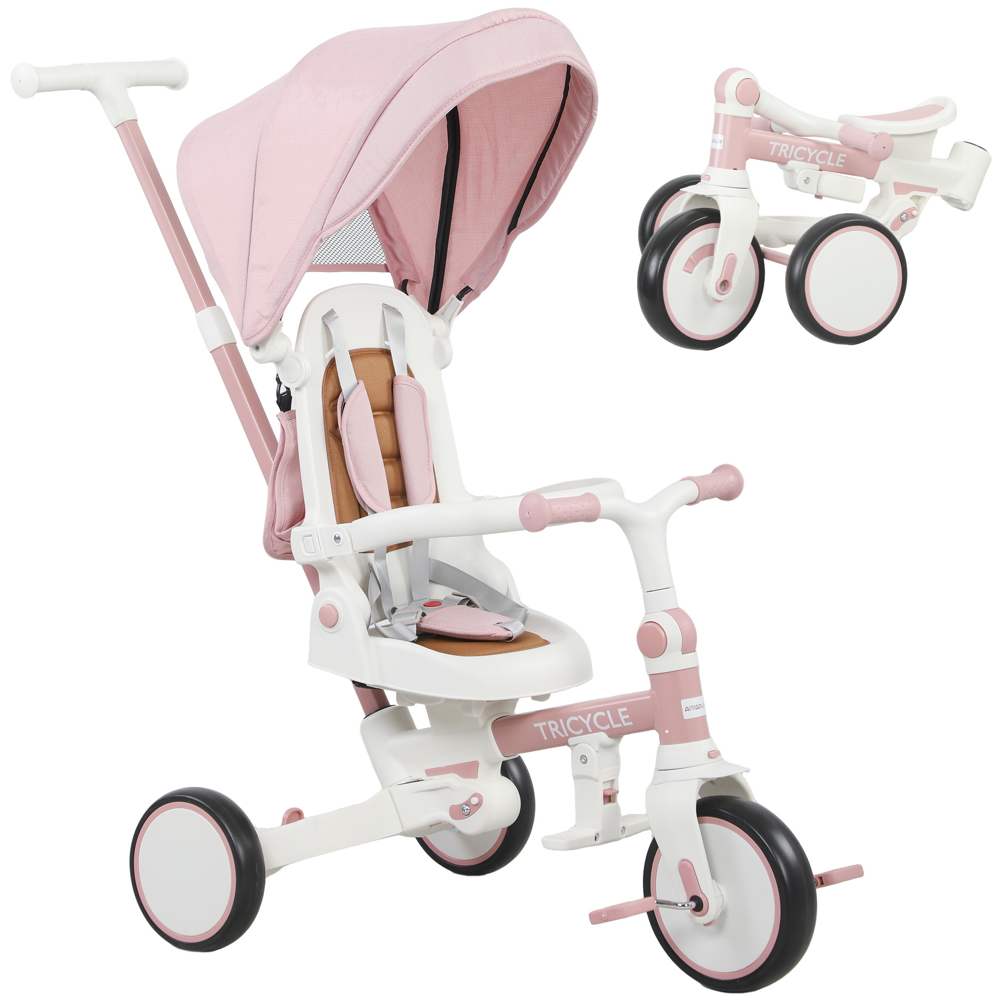AIVAGO 5-in-1 Kids Trike with Adjustable Backrest and Push Handlebar - Pink
