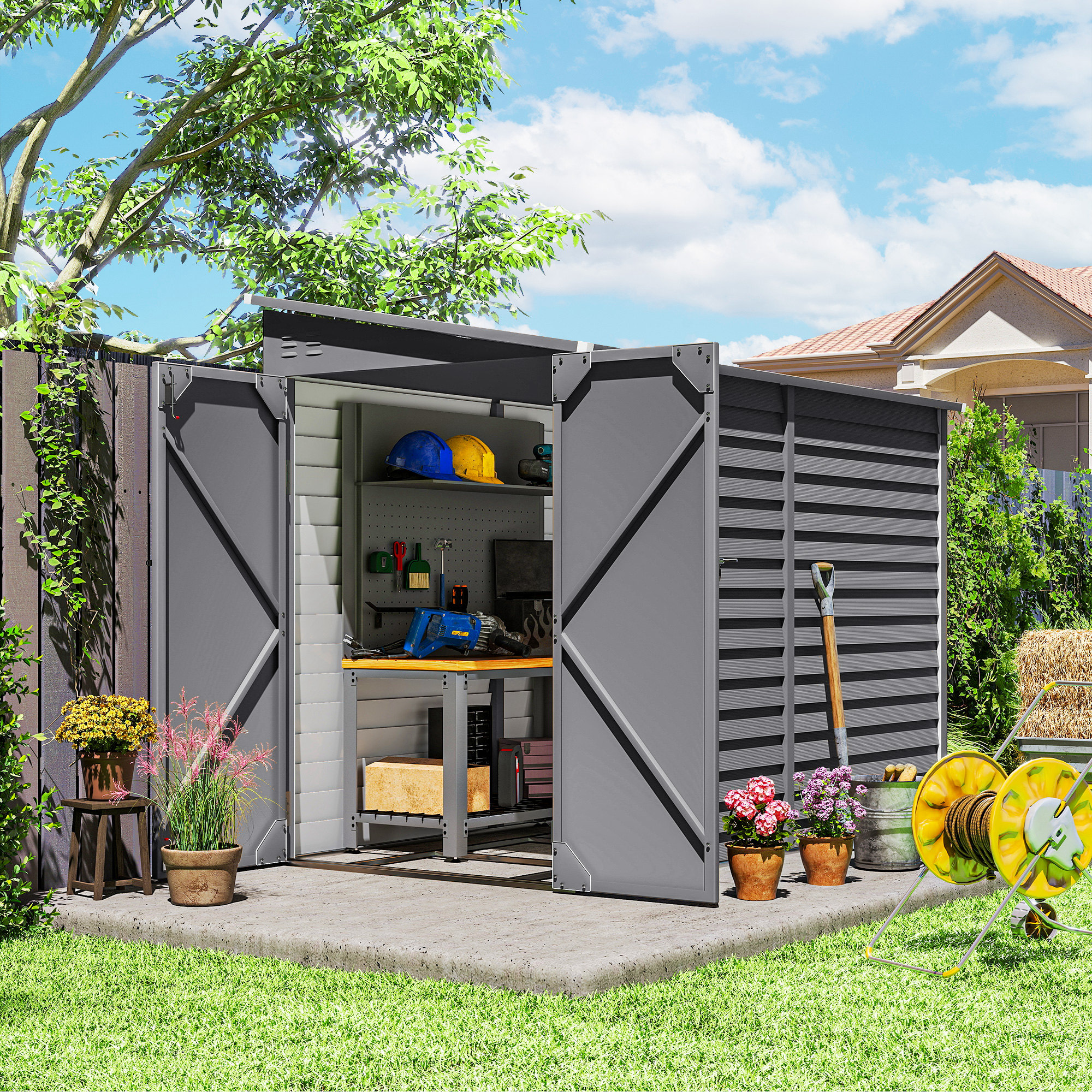 SUNVISTA 5x9ft Galvanised Metal Garden Shed Foundation Kit Lockable Doors - Grey