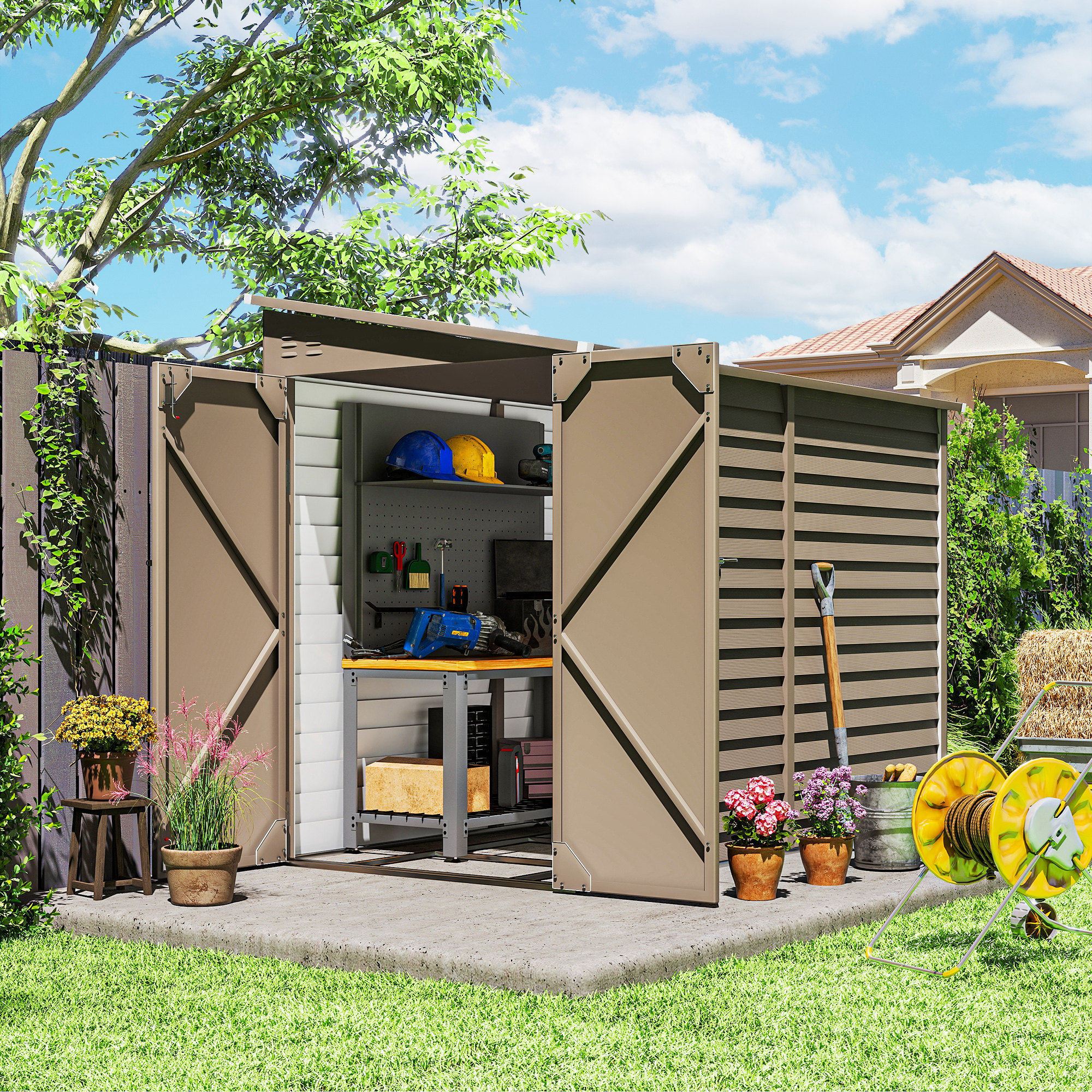 SUNVISTA 5x9ft Galvanised Metal Garden Shed Foundation Kit Lockable Doors - Brown