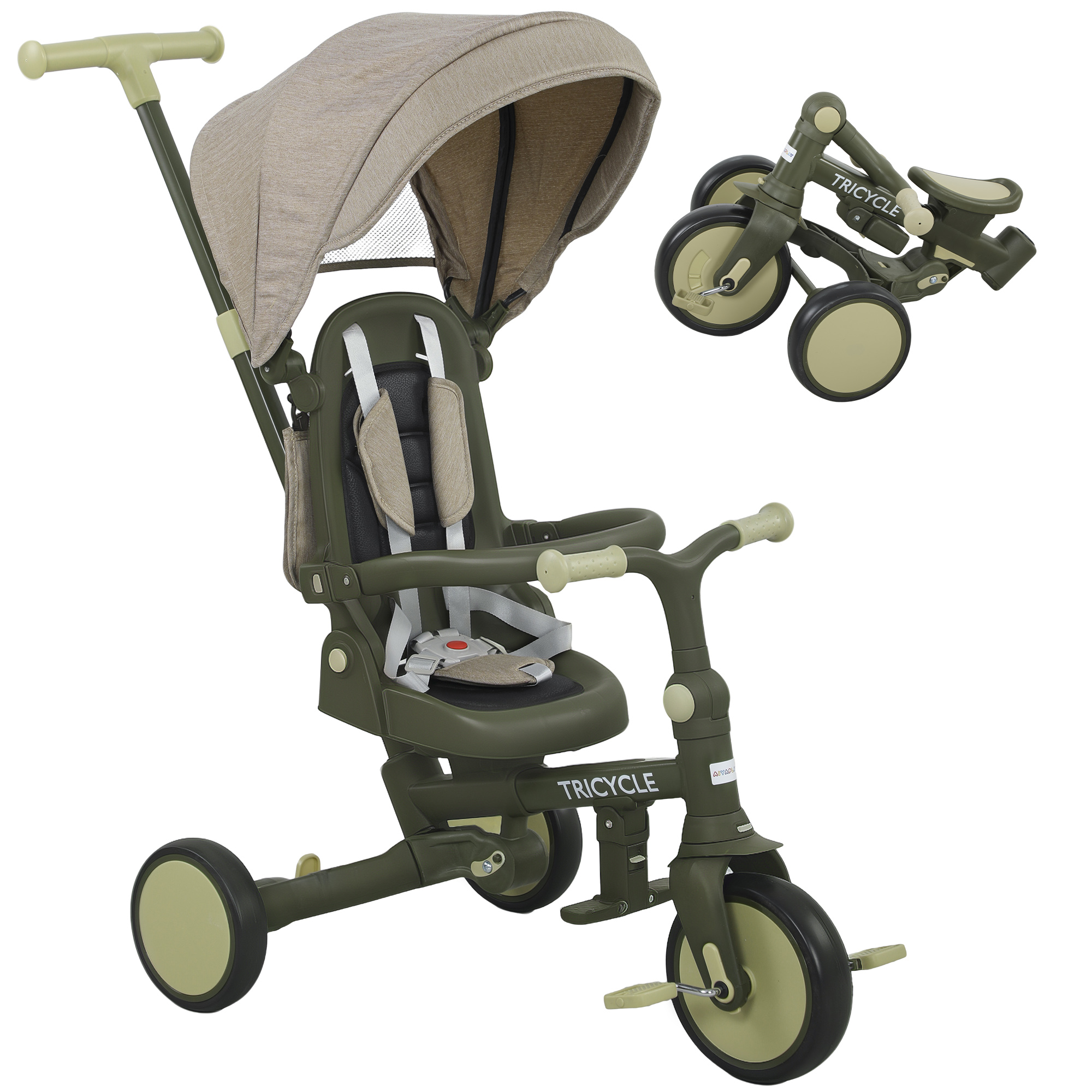 AIVAGO 5-in-1 Kids Trike with Adjustable Backrest and Push Handlebar - Dark Green