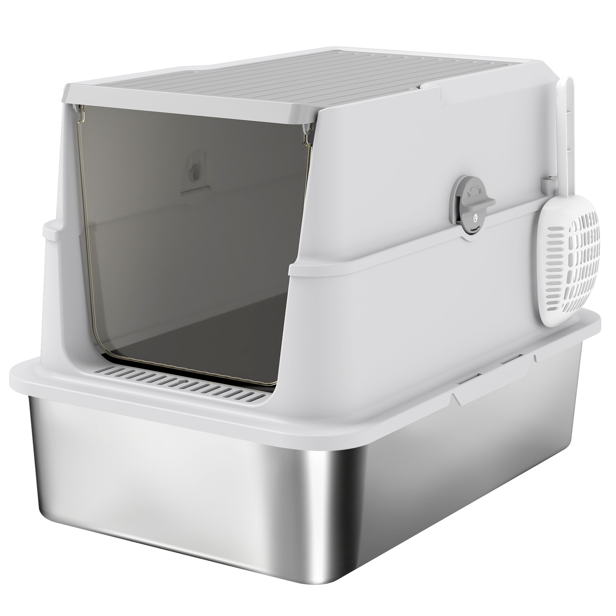 PAWSTER Extra Large Stainless Steel Cat Litter Tray with Scoop, Flip Top - Light Grey