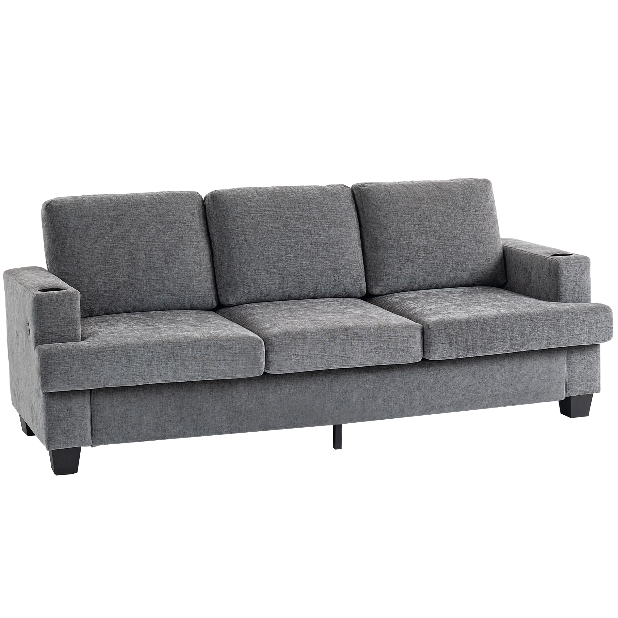 LARIX Chenille Fabric 3 Seater Fullback Sofa with Cup Holders - Grey