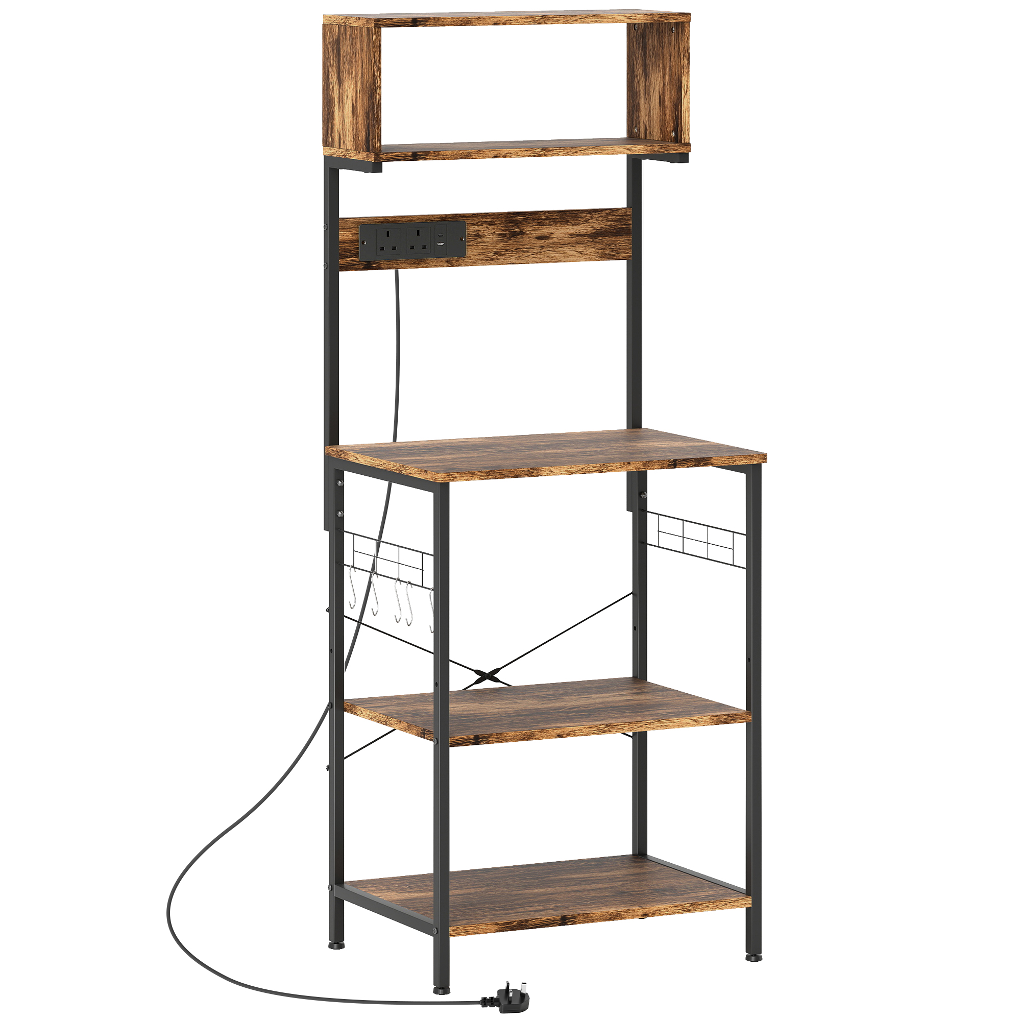 DOVIAN Kitchen Bakers Rack Power Outlet USB Charger Adjustable Shelves - Brown