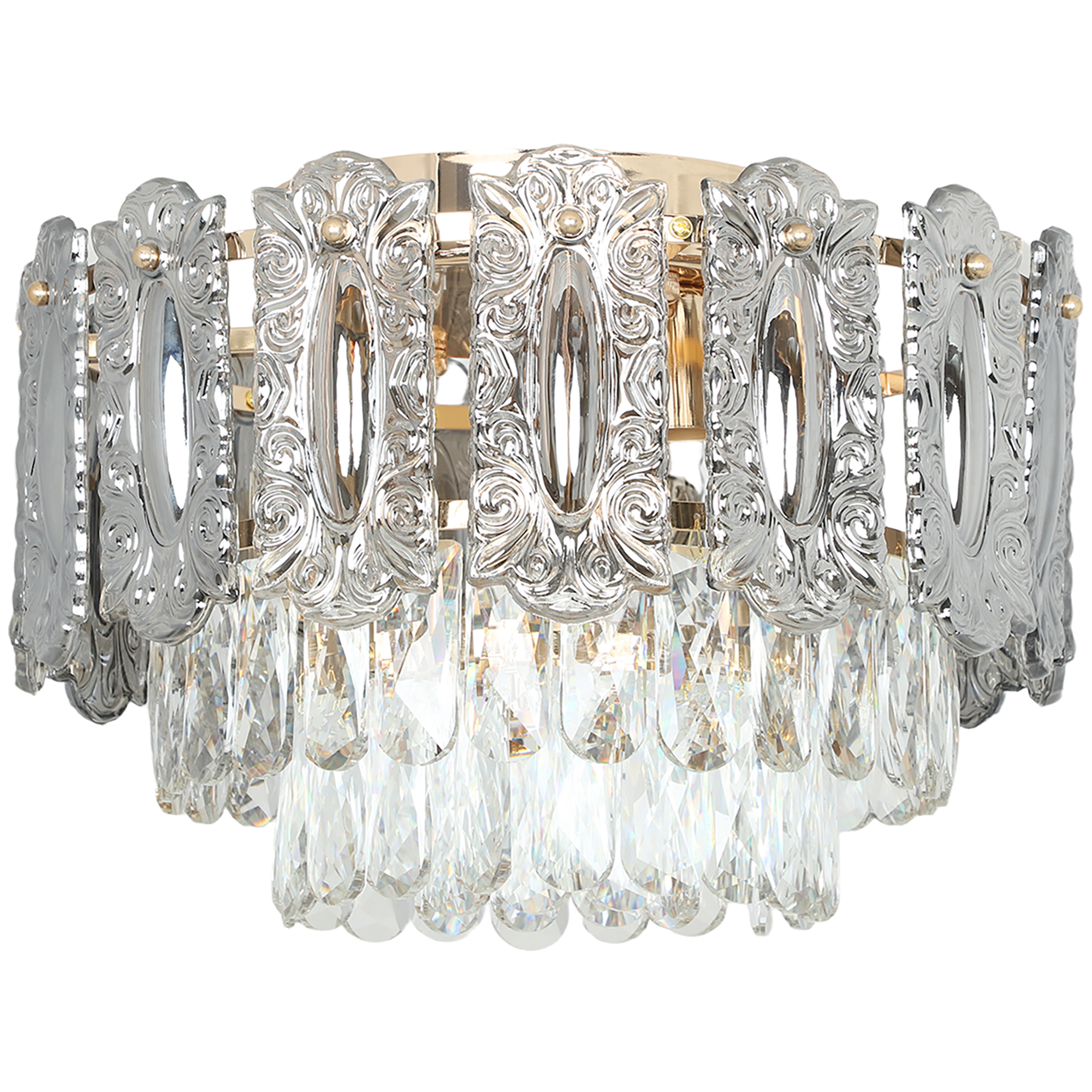 FALVESSEN LED Flush Mount Fixture Chandelier with Dual Crystal, Smoke Glass Shade and 3 E27 Sockets - Gold